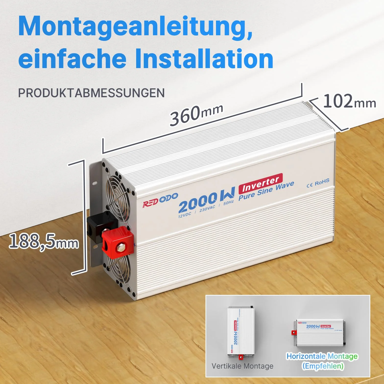 Redodo Inversor Onda Sinusoidal Pura 2000W 2V DC a 230V AC Convertidor para Camping,Inversor Energía Solar con 2xSalidas de CA,Pantalla de Monitorización con Visualización de Estado en Tiempo Real