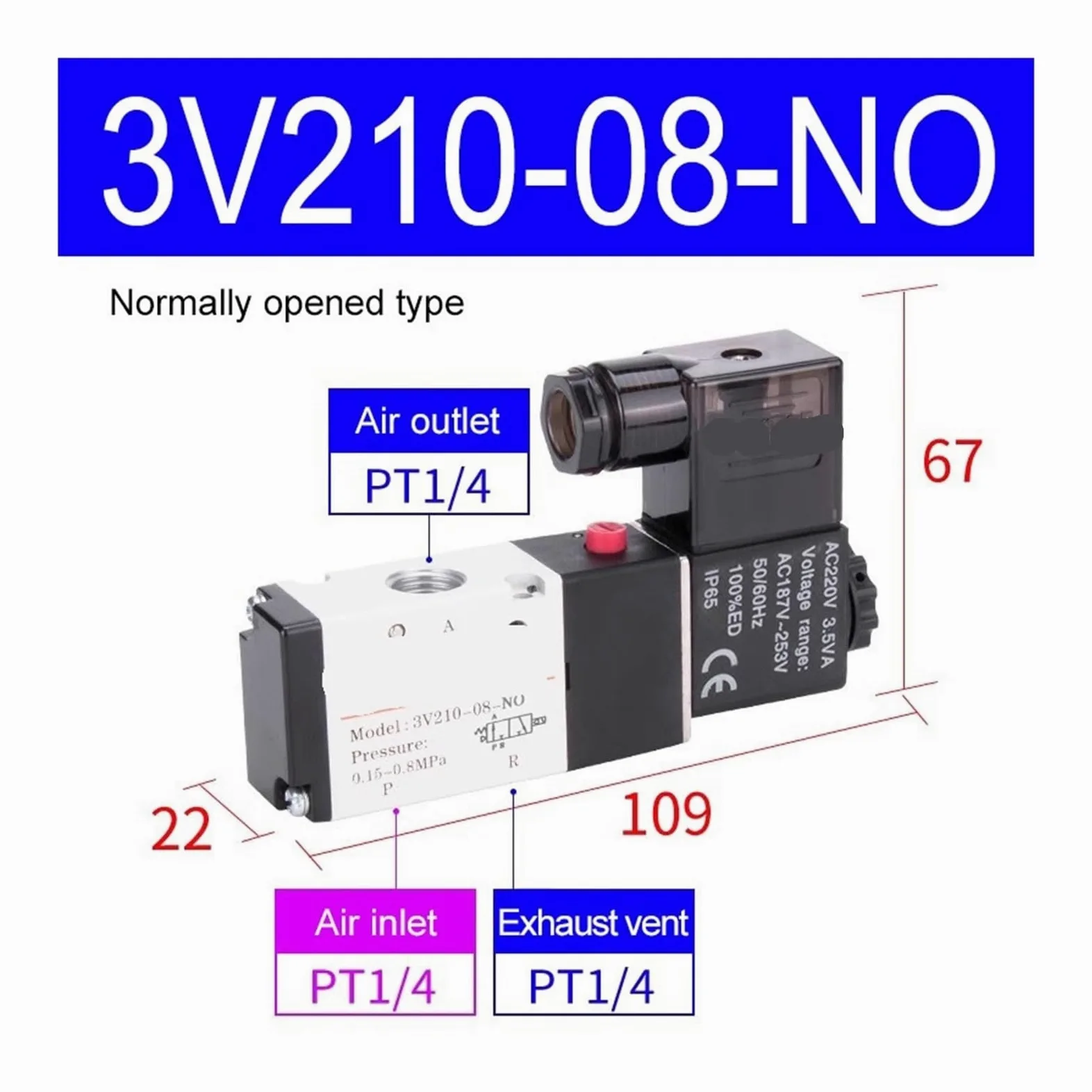 Electroválvula neumática de 3/2 vías 3V110-06, 3V210-08 y 3V310-10, válvula direccional de Control de Aire, 12, 24, 110 y 220 V(3V210-08-NO,DC 12V)