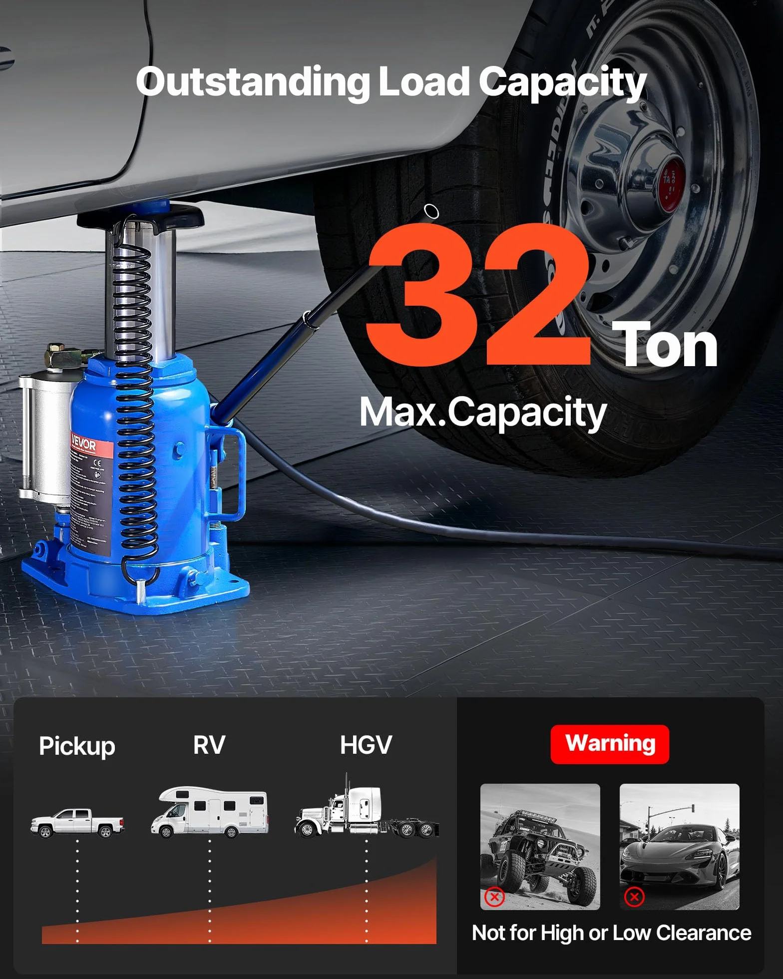 VEVOR Gato Neumático 32T Elevación 255-415mm Bomba SUV Camionetas Autocaravanas Azul 0.9-1.2 MPa