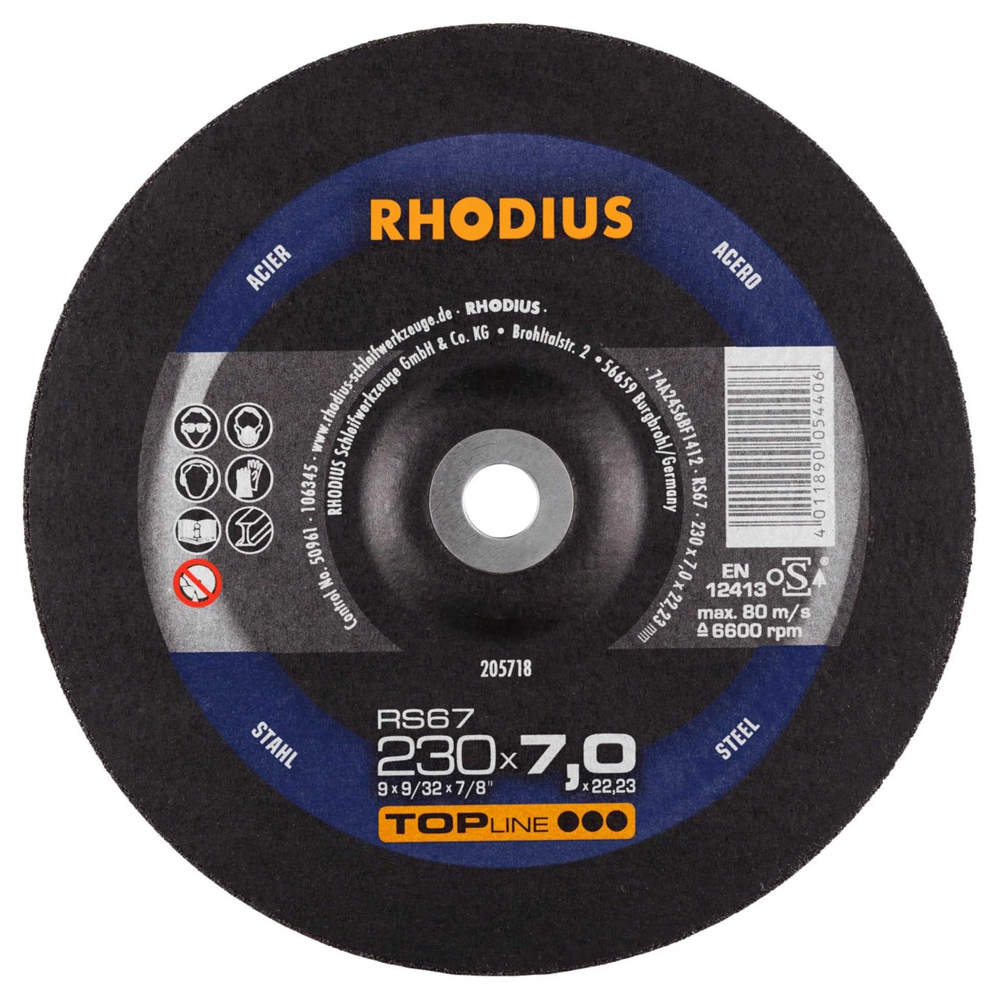 Rhodius RS67 - Discos de desbaste para acero (230 x 7,0 mm, 10 unidades)
