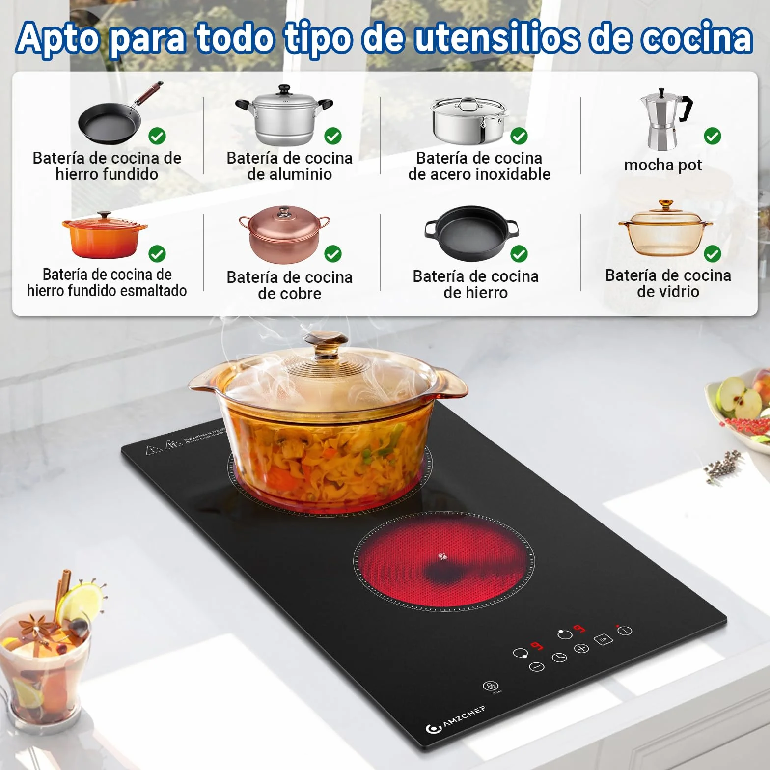 AMZCHEF Placa Vitrocerámica 2 Fuegos 3200W 9 Niveles de Potencia 2-en-1 Sobremesa/Empotrable