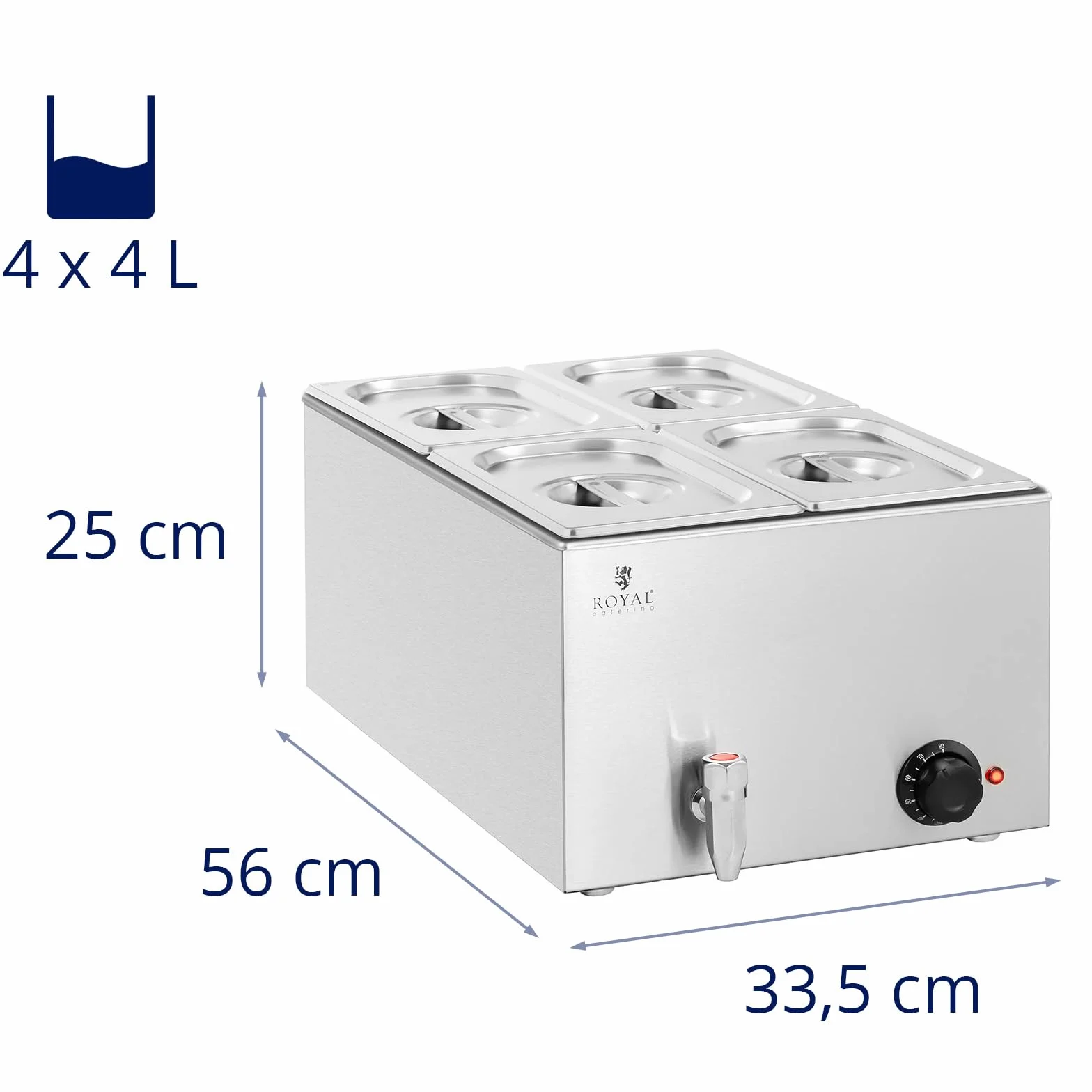 Royal Catering Baño María Profesional para Hostelería RCBM_GN1/4 (Potencia: 600 W, Cantidad de contenedores GN: 4, Volumen total: 4 x 4 L)