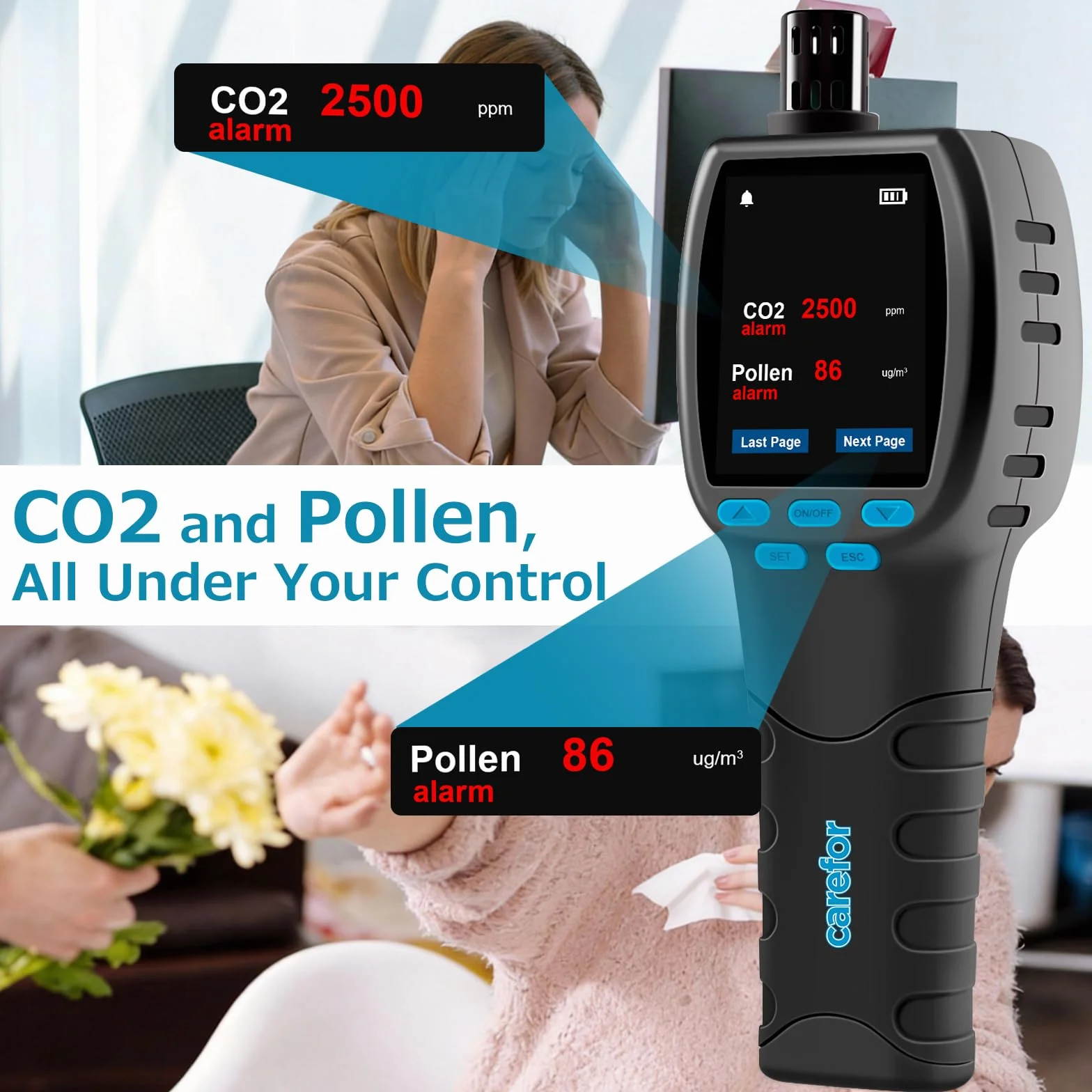 CF‑60 PP Monitor de Calidad del Aire portátil con gráficos de Datos en el Dispositivo e informes exportátiles, Detector portátil 16 en 1 para AQI, CO₂, TVOC, HCHO, PM2.5/10/1.0, Polen, etc
