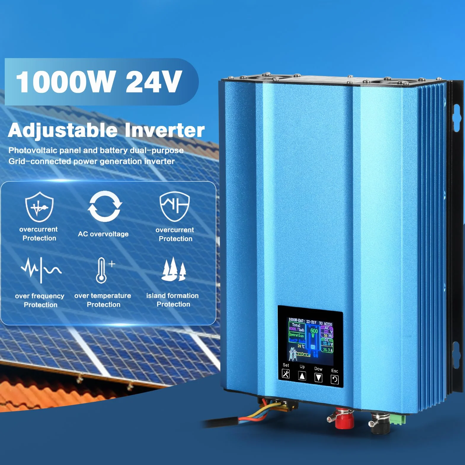 DEWIN Inversores Solares, Inversor Solar Inversor MPPT Grid Tie para Paneles solares fotovoltaicos 24V Descarga de batería Ajustable AC 220V 1000W