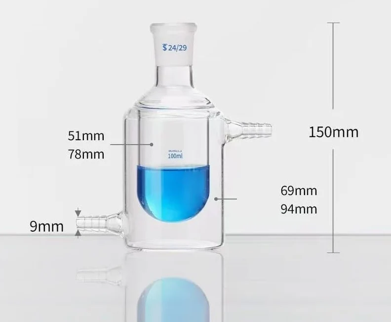 Matraz de vidrio de alto contenido en borosilicato Matraz de reacción de laboratorio con camisa de un solo cuello de vidrio de borosilicato de fondo plano(100mL caliber 24)
