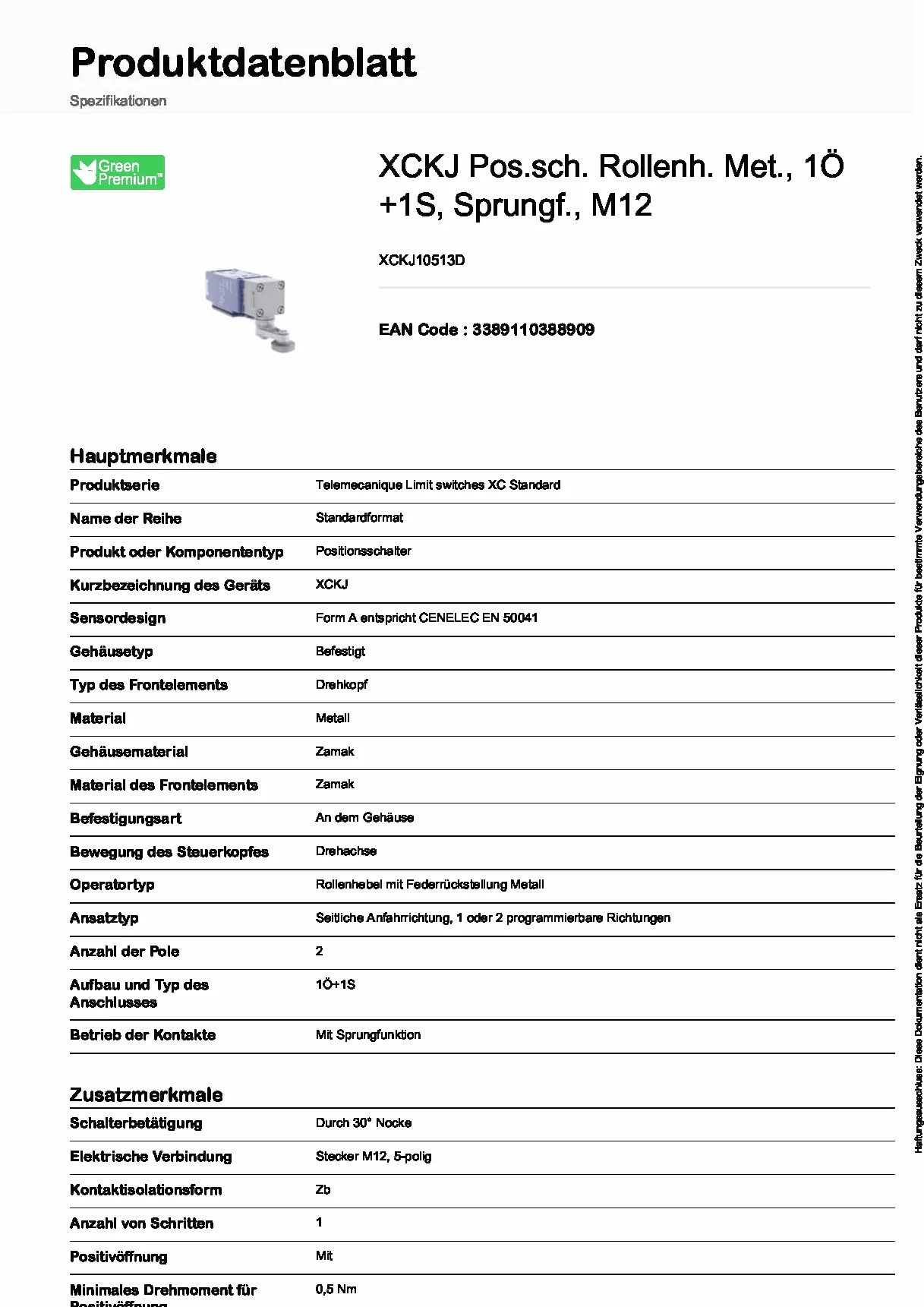 Schneider Electric XCKJ10513D Limit Switch Xckj, Steel Roller Lever, 1Nc+1No, Snap Action, M12