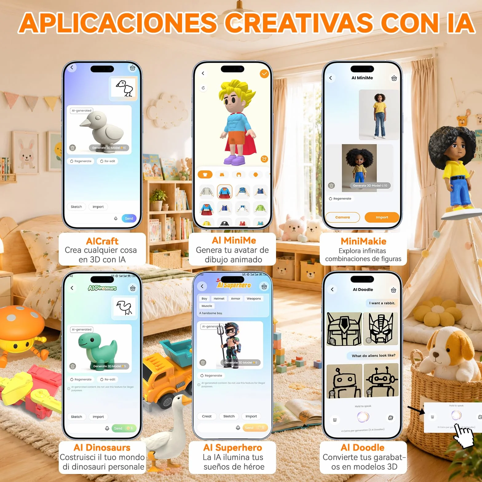 Impresora 3D con IA, 8 Rollos de Filamento PLA, App de Diseño Inteligente, Plantillas 3D y 16 Módulos Mini, Control por App, Time-Lapse, Uso Doméstico