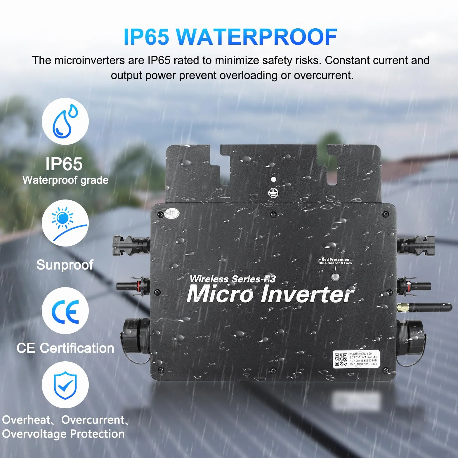 Microinversor 800W Inversor Solar fotovoltaico con WiFi y Bluetooth,Entrada DC 20-60 V,Plug & Play inversor Solar Inteligente para Sistemas solares en Balcones