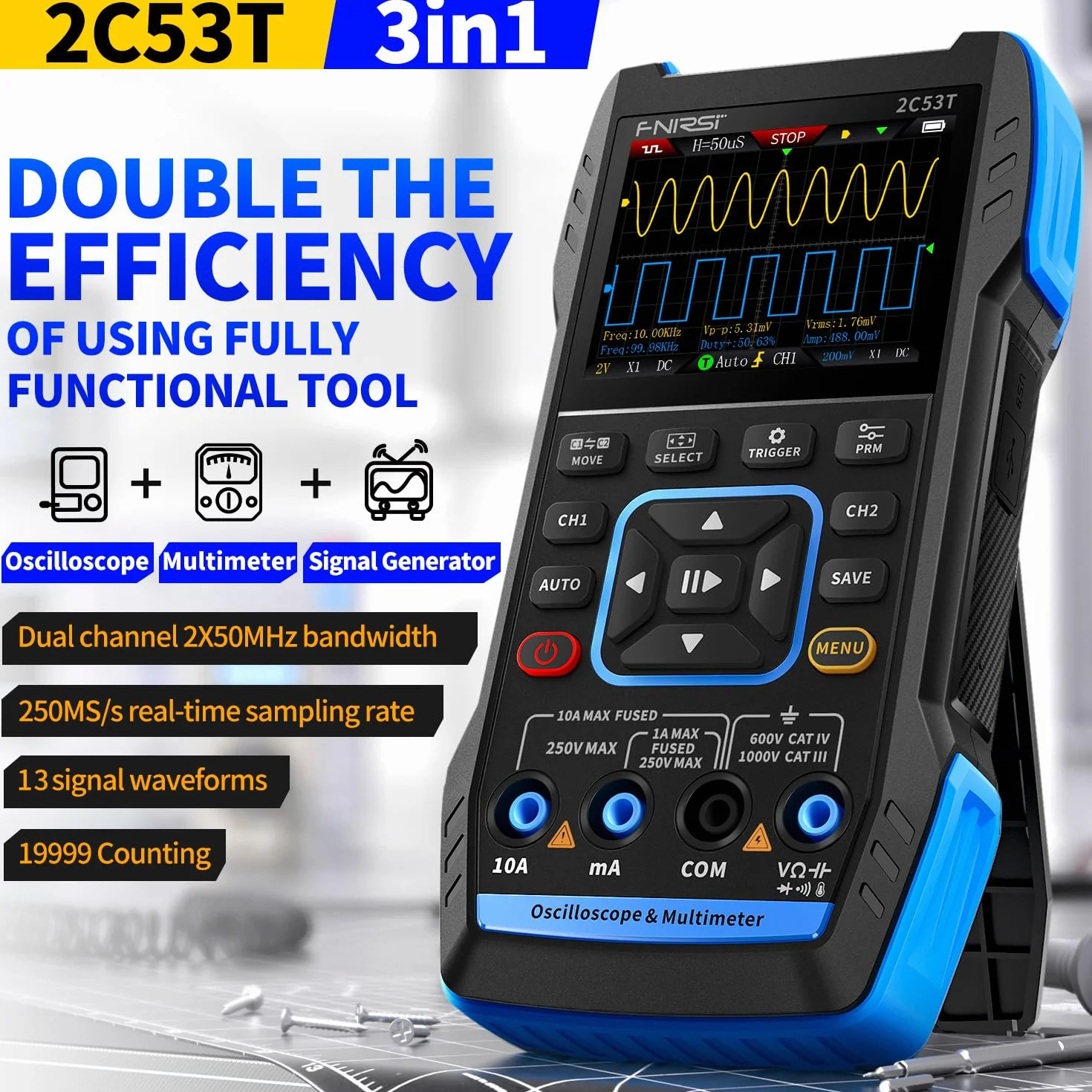 Osciloscopio Portátil 2C53T, 3 En 1 Digital Multímetro Osciloscopio Portátil 3 En 1 Ancho De Banda De 2 Canales 50MHz 250MS/s, 19999 Recuentos, Voltaje, Corriente, Condensador