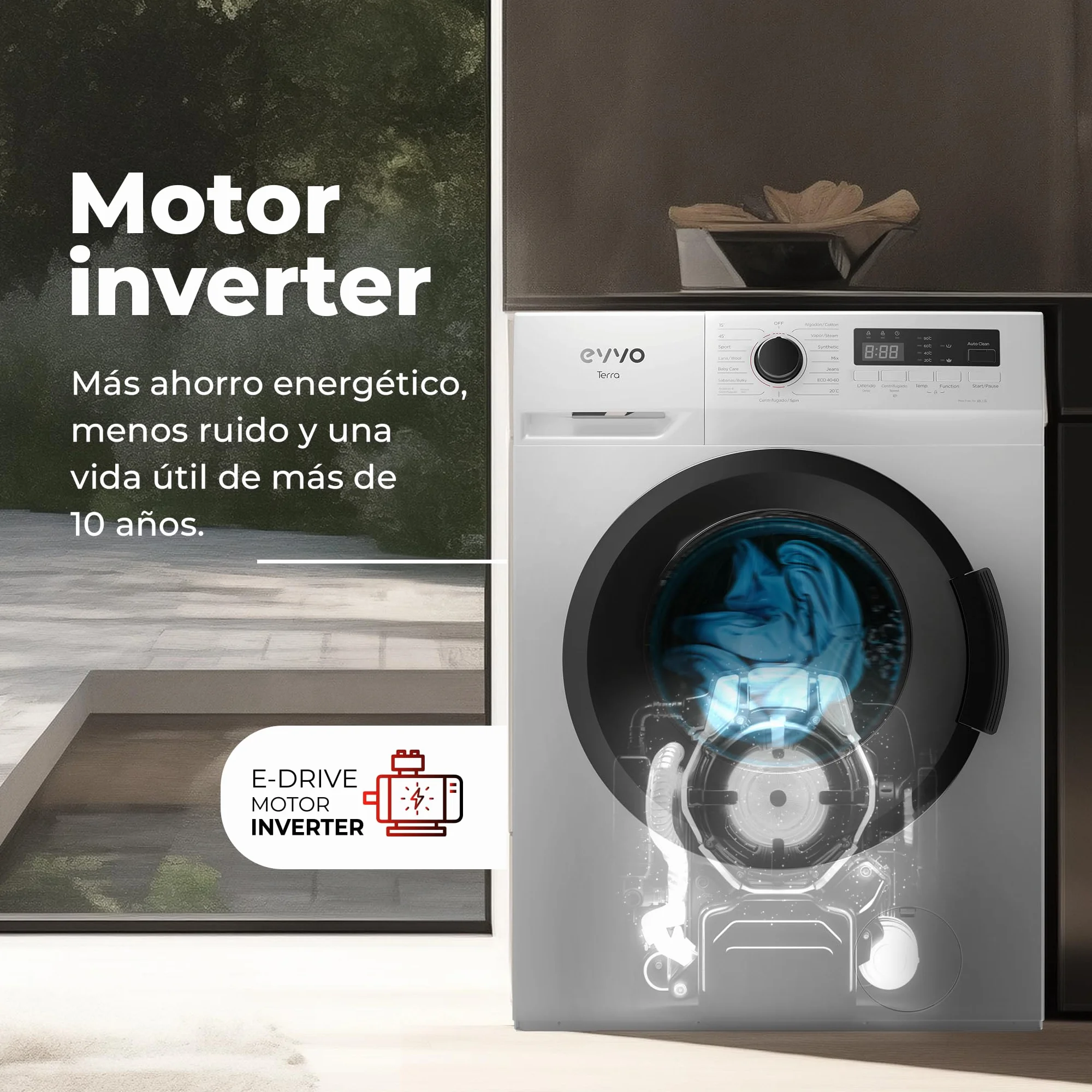 EVVO Lavadora Carga Frontal 7kg 1400 rpm Motor Inverter Clase A Vapor Blanco 40cm