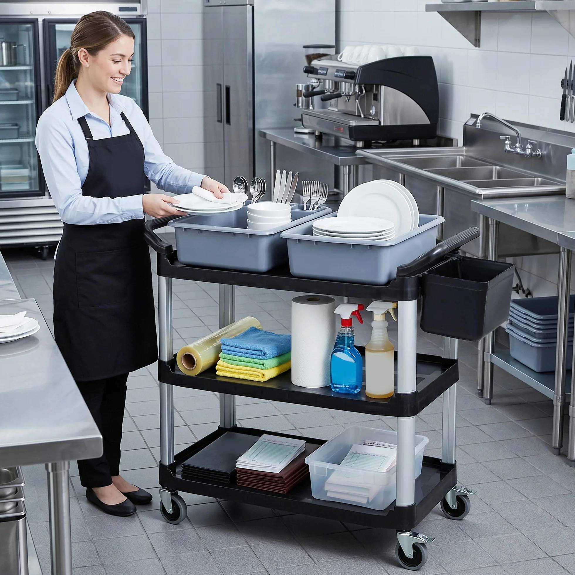 HOMCOM Carro de Limpieza con Ruedas, Carro de Servicio con 3 Estantes, 2 Contenedores y Cubo Lateral Colgante, Estructura de Aluminio, Carga 100 kg, 115x50x100 cm, Negro