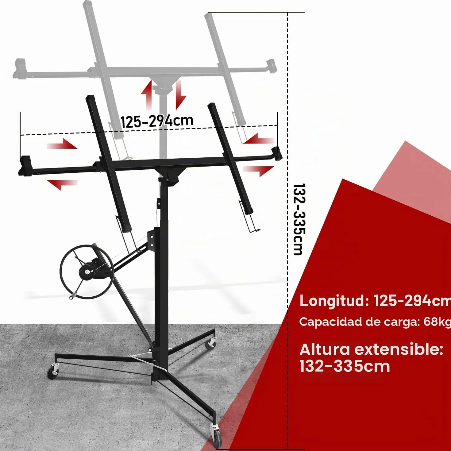 Ikodm - Elevador de placas plegable XXL para paneles de yeso, altura de trabajo ajustable de 132-335 cm, ancho máximo 294 cm, capacidad de carga 68 kg, 3 ruedas, negro