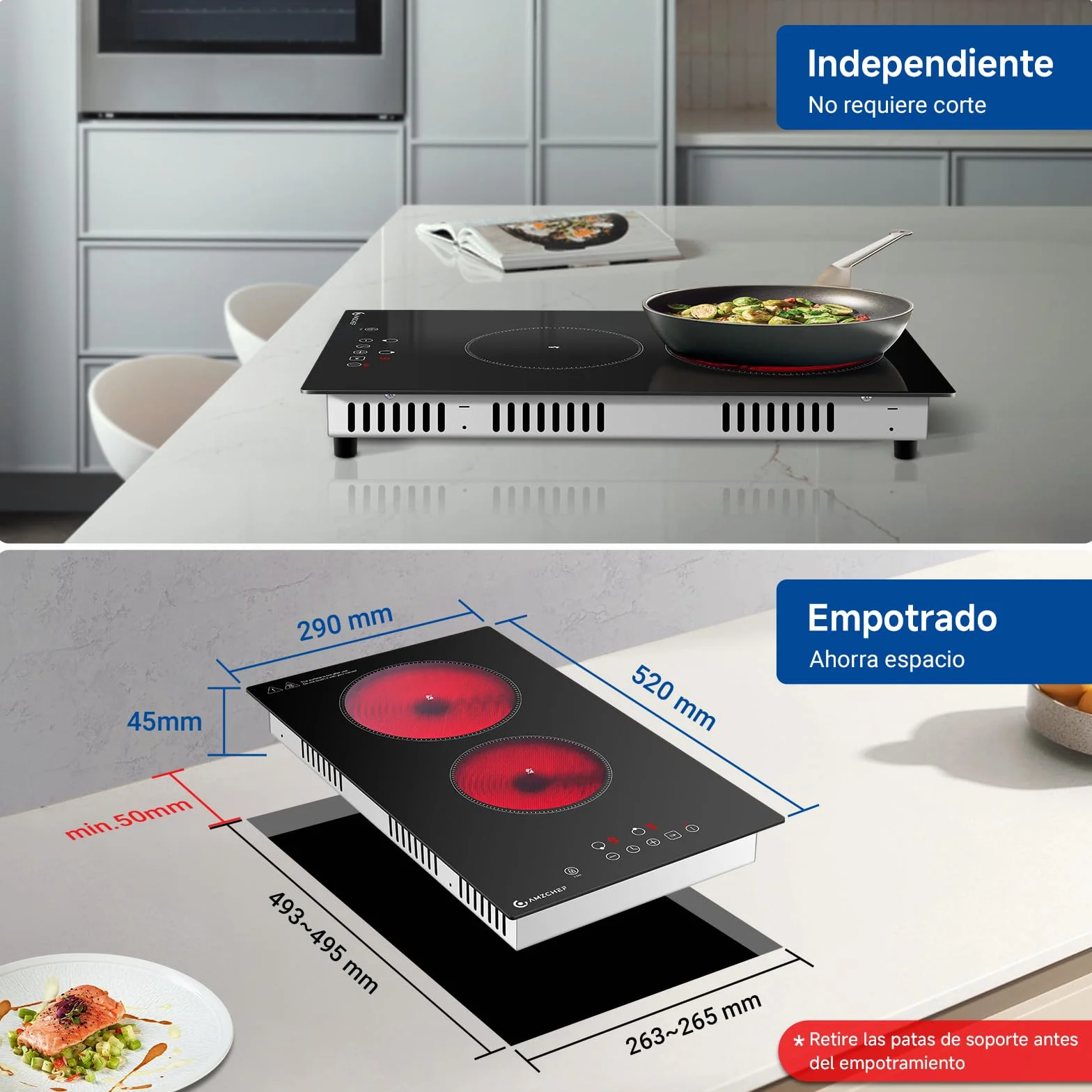 AMZCHEF Placa Vitrocerámica 2 Fuegos 3200W 9 Niveles de Potencia 2-en-1 Sobremesa/Empotrable