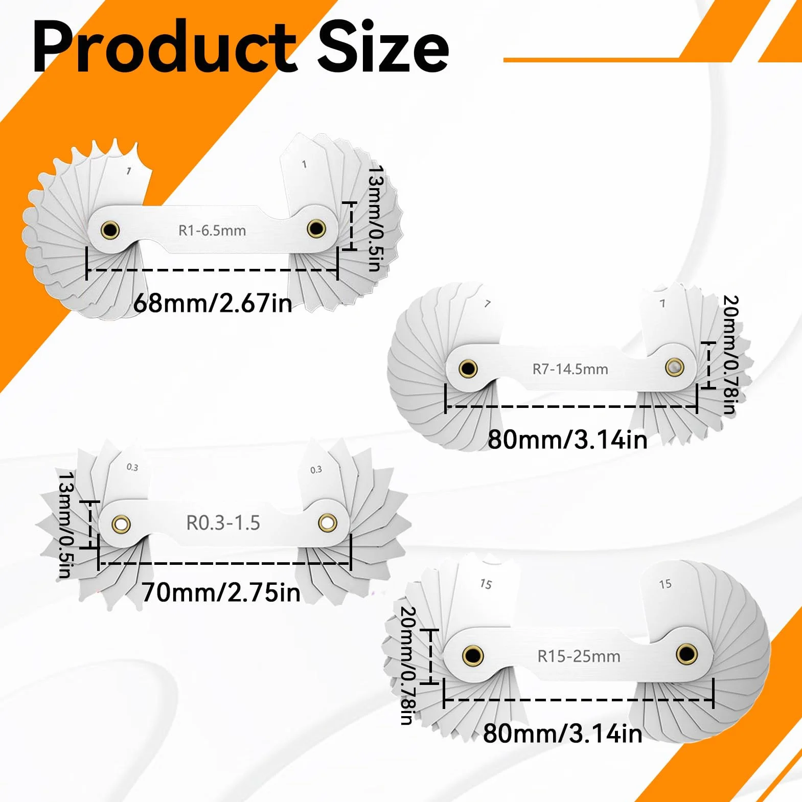 Medidor de radio de acero inoxidable R0.3-1.5 R1-6.5 R7-14.5 R15-25 4 herramientas