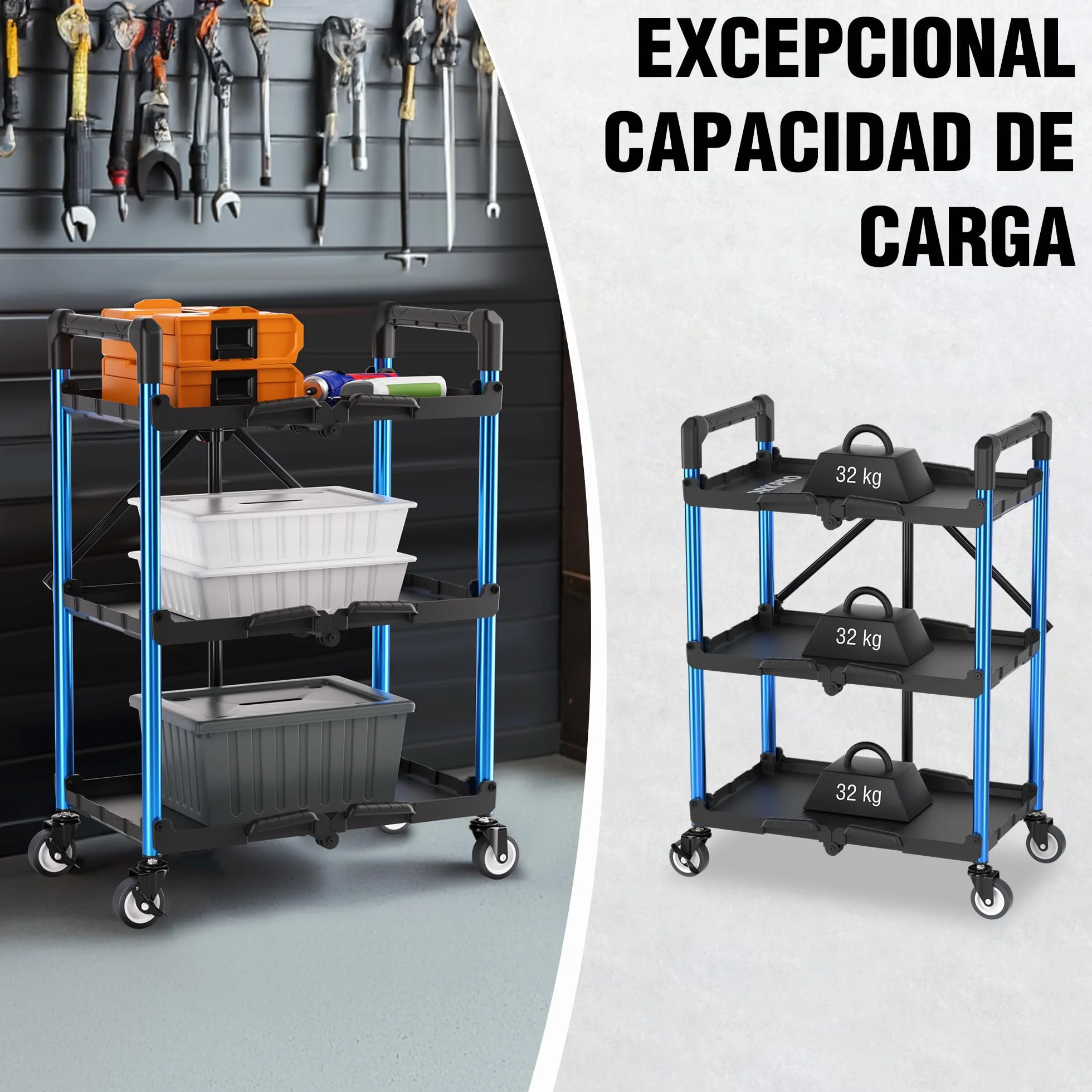 WORKPRO Carro de Servicio Plegable 3 Niveles, Capacidad de 96 kg, Carro Portátil para Herramientas, Ideal para Garaje, Almacén, Hogar, Restaurante, Oficina (Sin Montaje)