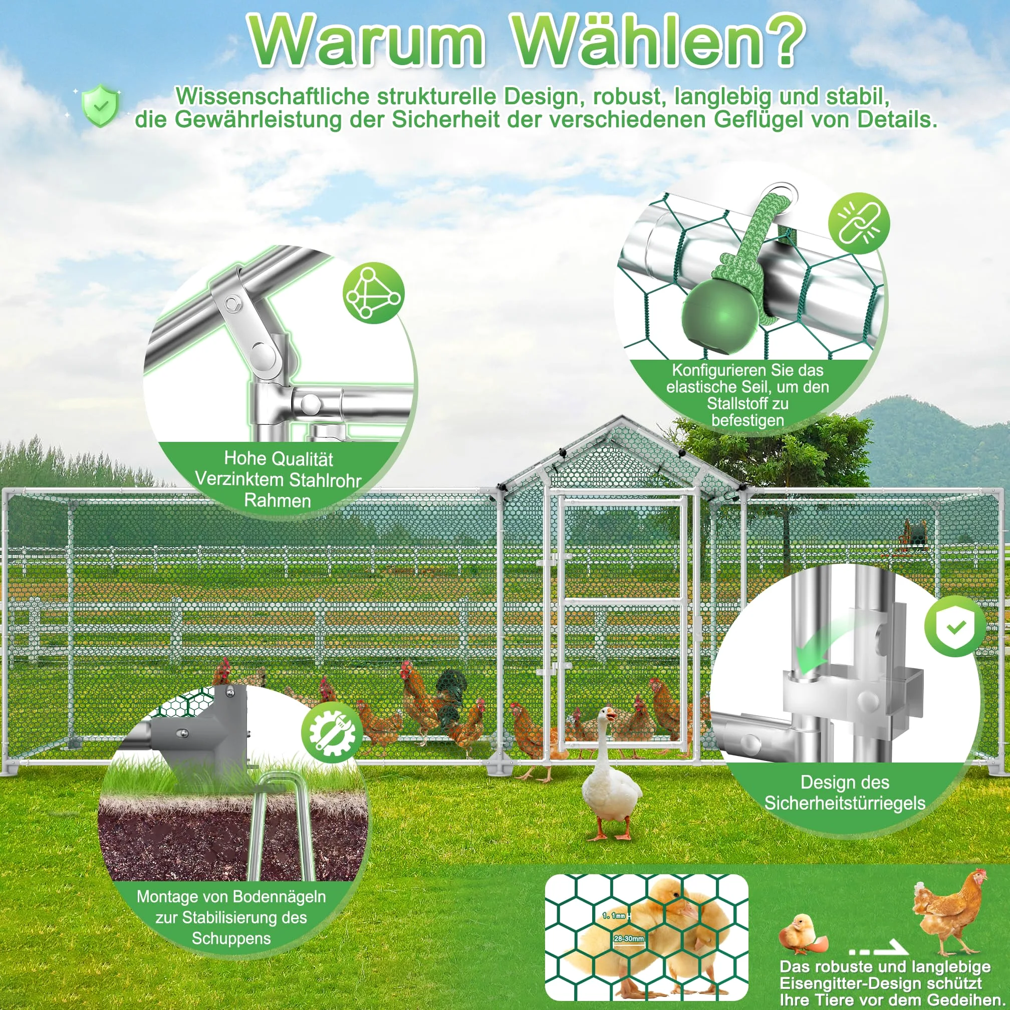 UISEBRT Gallinero para gallineros, 4 x 1 x 1,5 m, estructura de acero galvanizado, con cerradura para gallinas, animales pequeños
