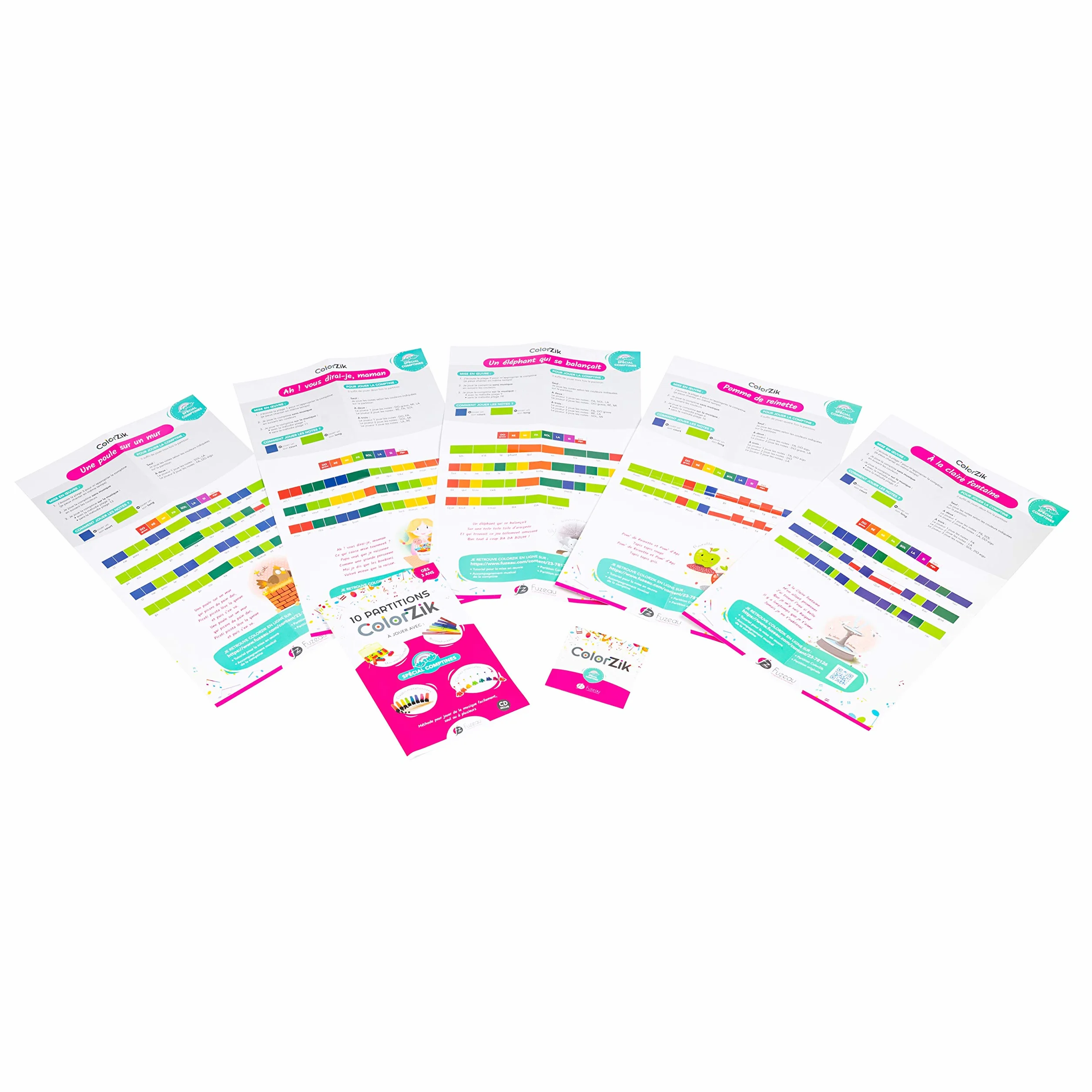 Fuzeau Folleto musical pedagógico CD de audio Colorzik Comptines 10 partituras codificadas en colores con letras Método para reproducir música sin solfeo a partir de 3 años