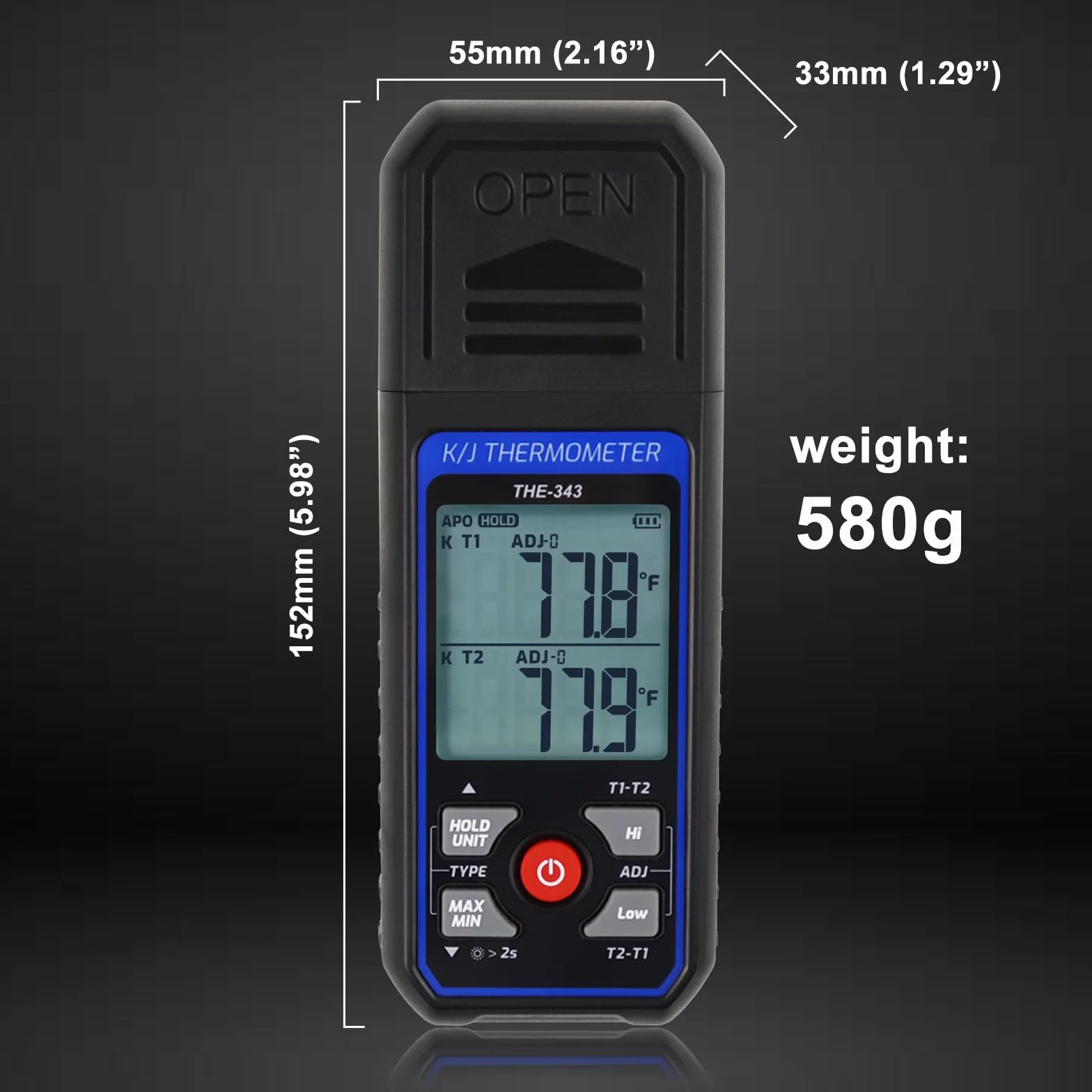 Termómetro Digital con Termopar, Medidor de Temperatura HVAC con 2 Pinzas de Temperatura y 2 Sondas de Termopar con Cable, Doble Canal con Alarma y Compensación ADJ (-328~2500 ℉)