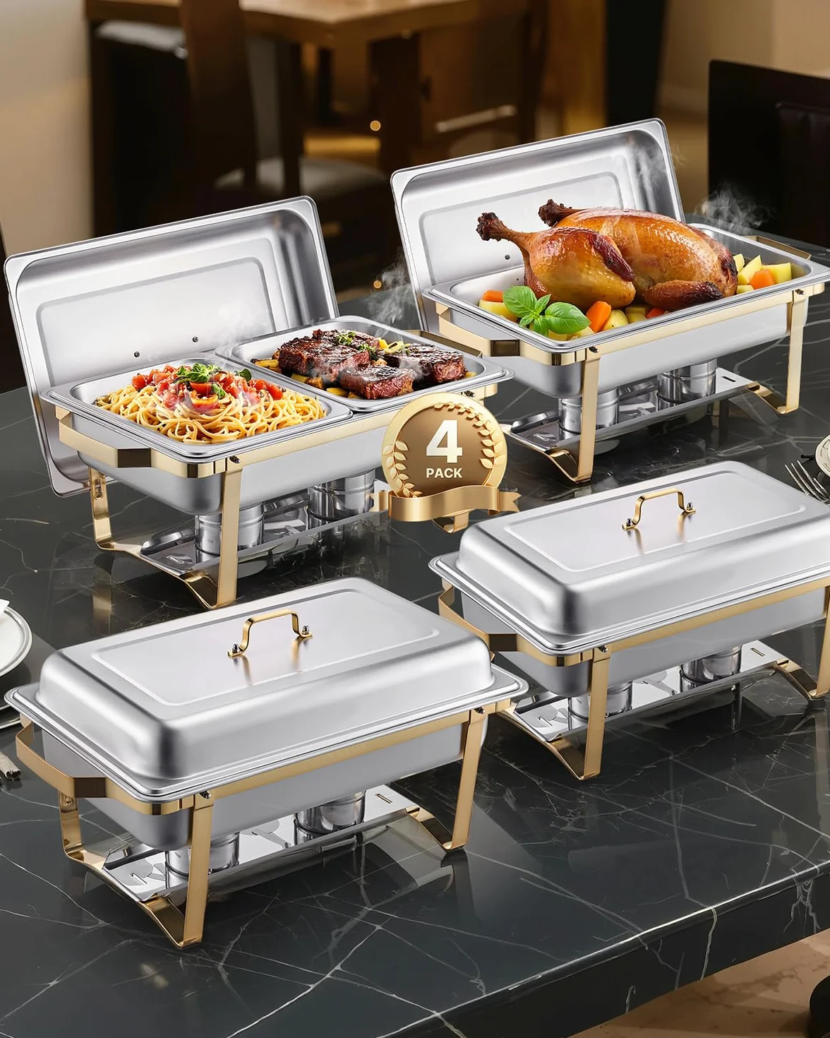 VEVOR Juego de Calentador de Alimentos Acero Inoxidable 2 Cacerolas 7,5L 4 Cacerolas 4L Rectangular Catering Tapa Soporte Dorado