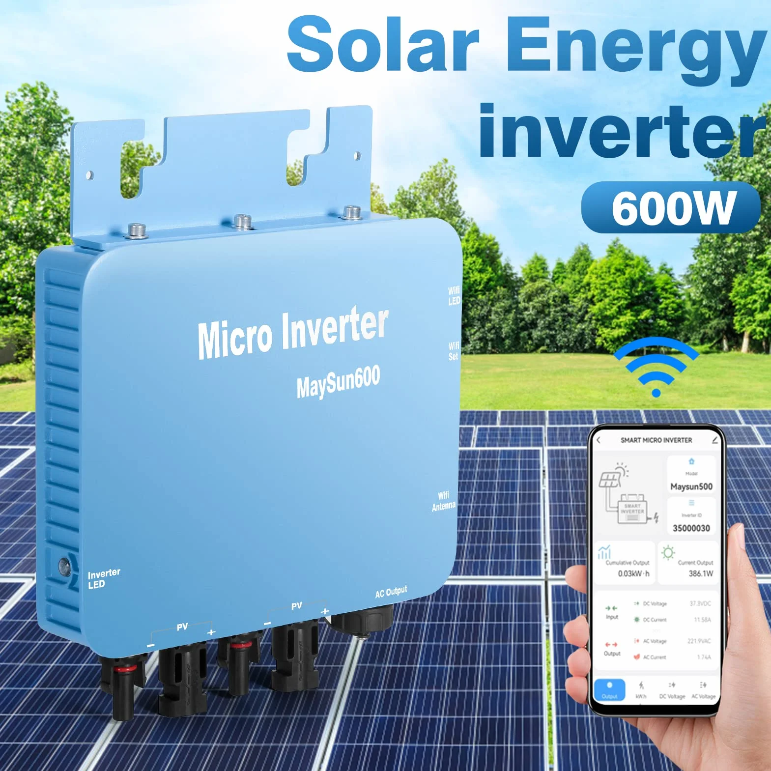 DEWIN Micro Inversor, Microinversor Solar MPPT Grid Tie Inverter 600W DC20V-60V Salida de onda sinusoidal pura con función WiFi Enchufe UE 230V