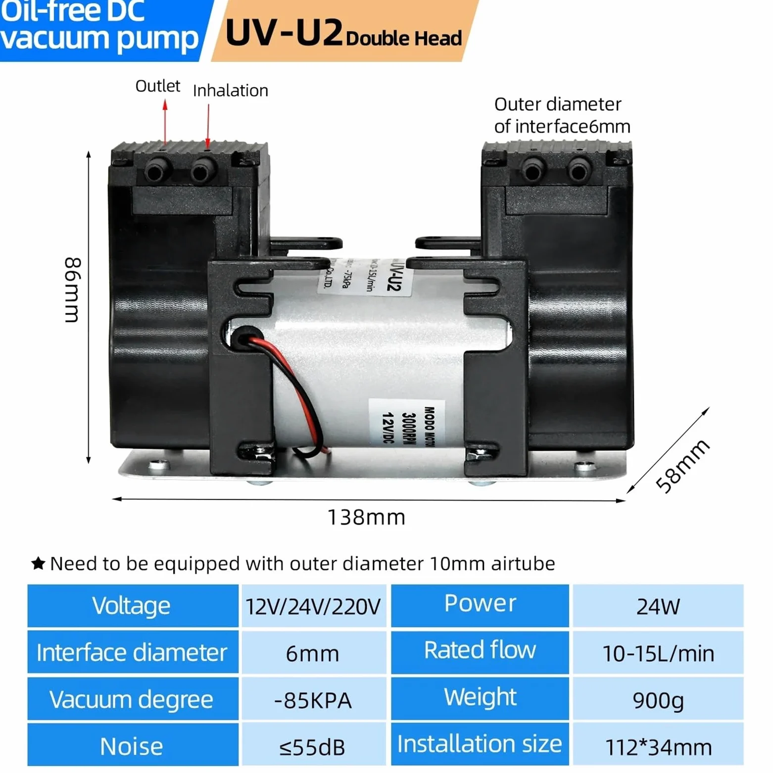 Bomba de aire de diafragma pequeña de 12 V/24 V CC, alta presión negativa, for inflador de laboratorio (DIY)(24V,UV-U2 double head)