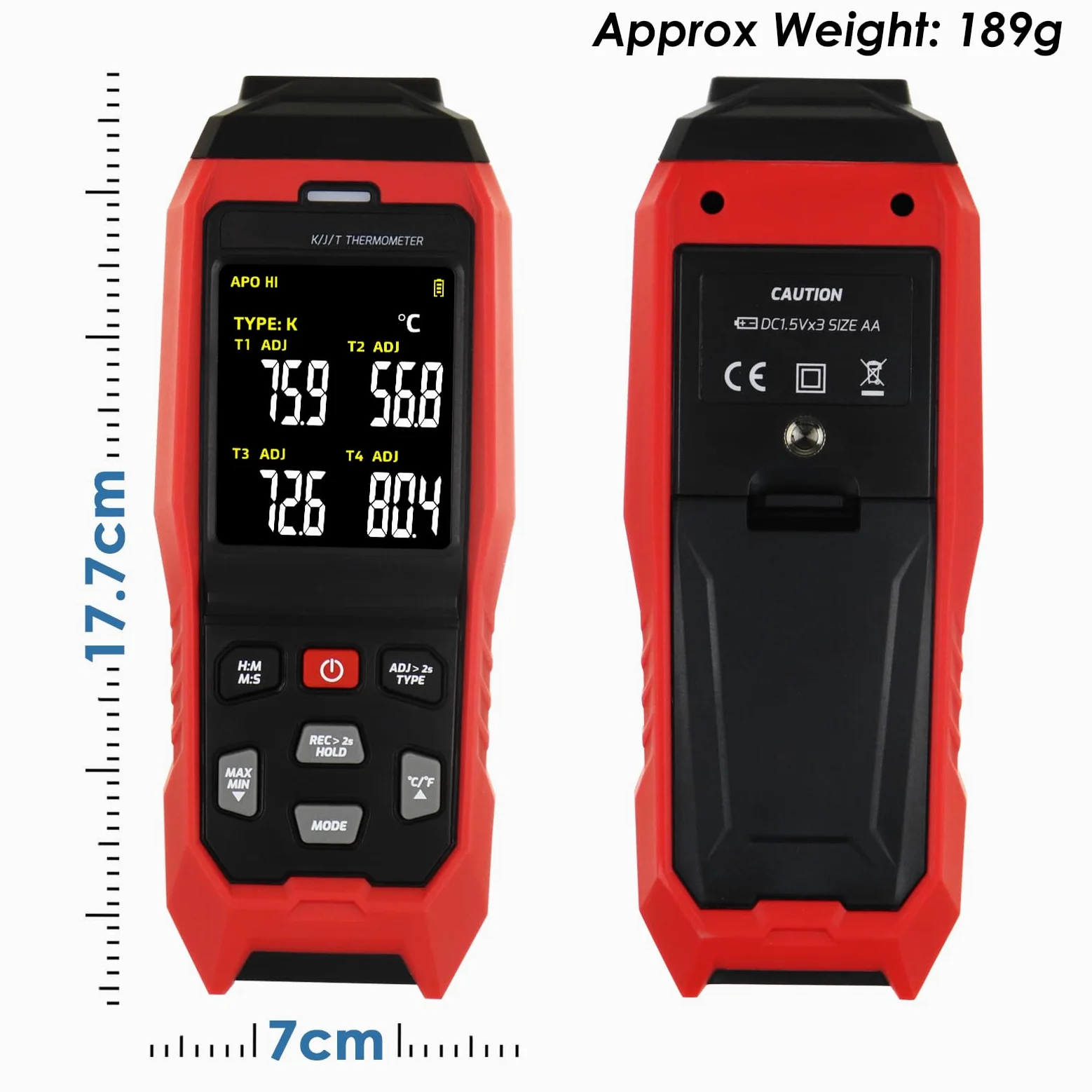 Termómetro digital de termopar de 4 canales tipo K/J, registrador de datos de temperatura con 5000 grupos de registros, alarma audible, apagado automático, rango de -200.0 °C a 1,371.7 °C, herramienta