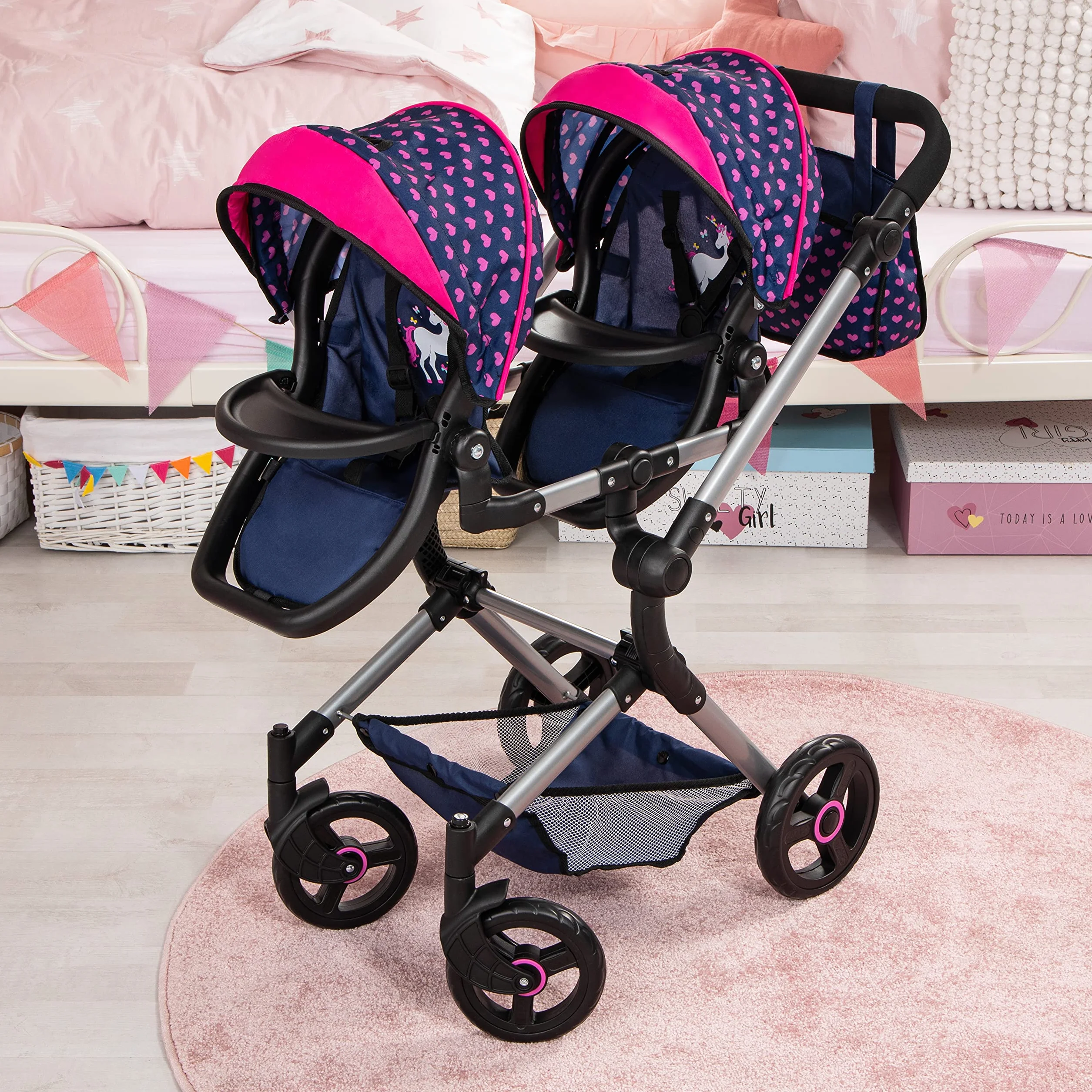 Bayer Design Cochecito de Muñeca Gemelas, Carrito Paseo Ajustable en Altura, Plegable, Azul Unicornio Corazones