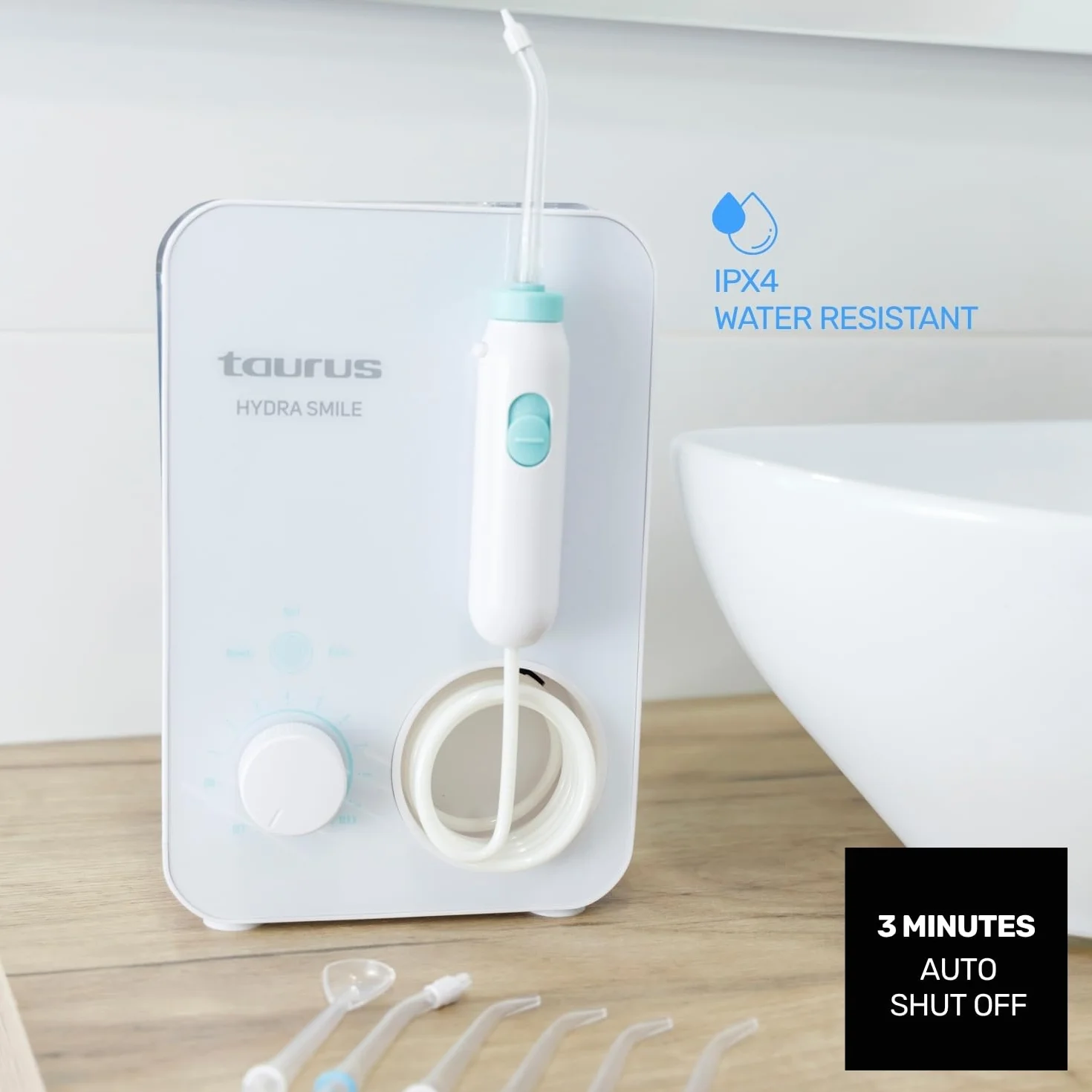 Taurus Irrigador Bucal Hydra Smile 20W 600ml 10 Presiones 3 Modos 7 Boquillas 1200-1700 Pulsos/min Control Táctil Auto Off