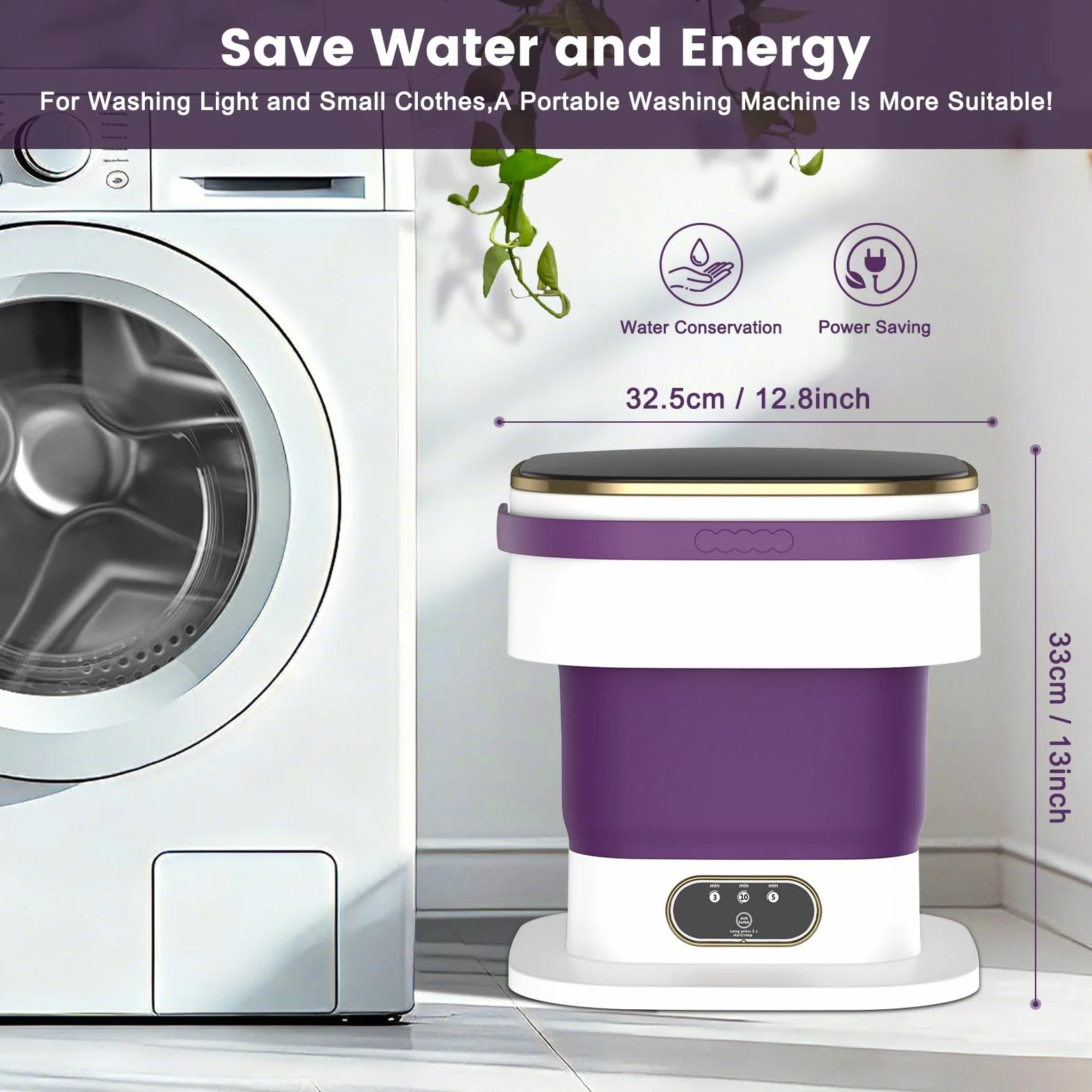 Lavadora Portátil Mejorada 15 Litros 3 Programas Lavado con Centrifugado Plegable Morado