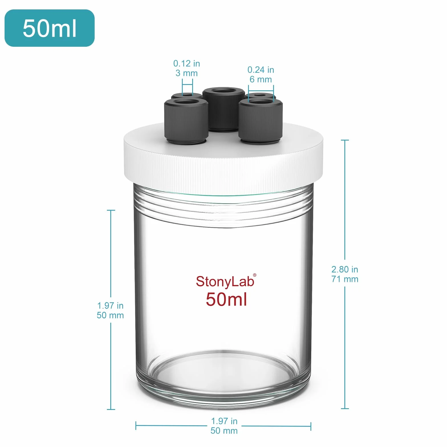 stonylab Celda Electrolítica de Cámara Unica, Vidrio Borosilicato, Kit Reactor Electrolizador con Tapa PTFE 5 Orificios, sin Electrodo, 50 ml