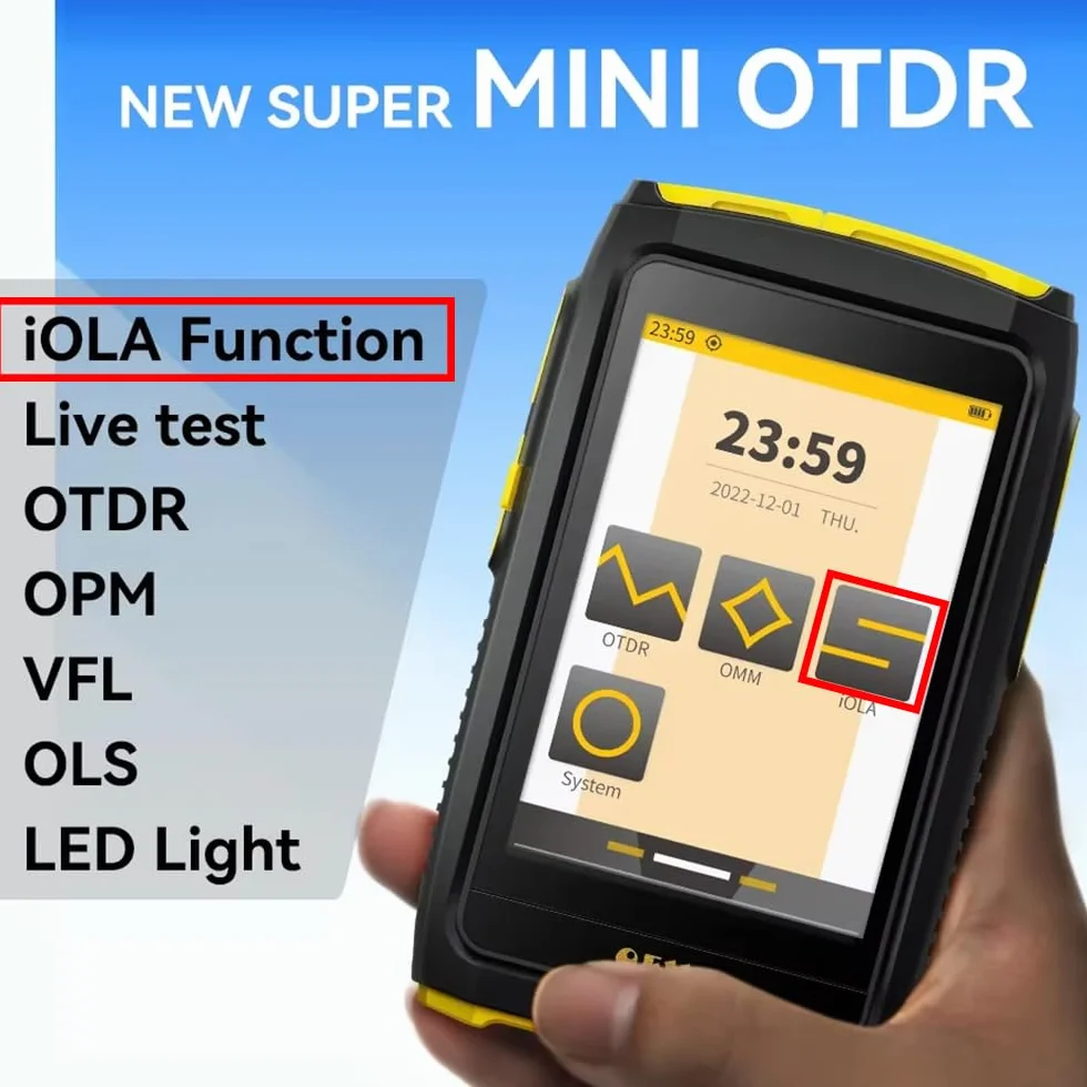 Mini OTDR Reflectómetro óptico del campo del tiempo, probador multifuncional de fibra óptica OTDR 1550nm 20dB reflectómetro óptico de pantalla táctil OPM VFL(con iola)