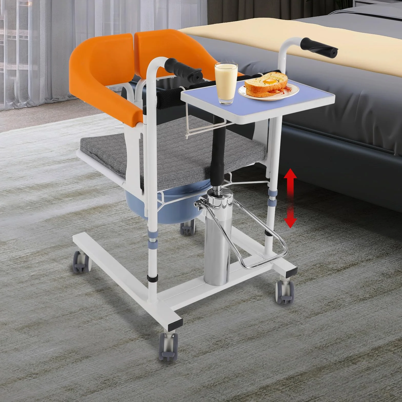 Silla de transferencia hidráulica para pacientes con ruedas, silla de transporte de altura ajustable con función de inodoro y mesa para ancianos y embarazadas, color naranja