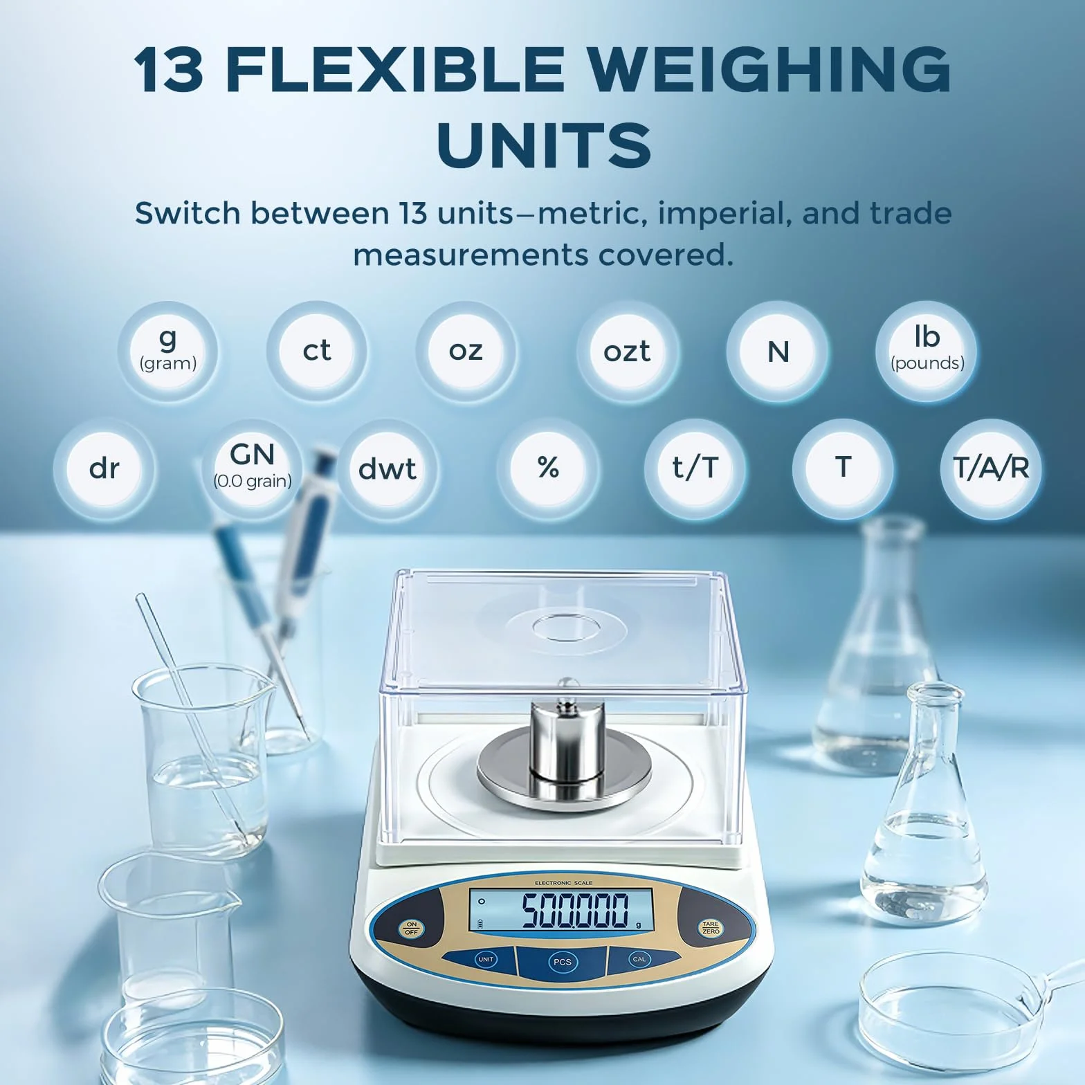 Bonvoisin Balanza Analítica 500g/0,001g, Báscula Laboratorio Alta Precisión con Cortavientos, Plato Inox, 13 Unidades, Funciones Tara y Conteo, Calibrada Fábrica para Lab, Joyería y Oro