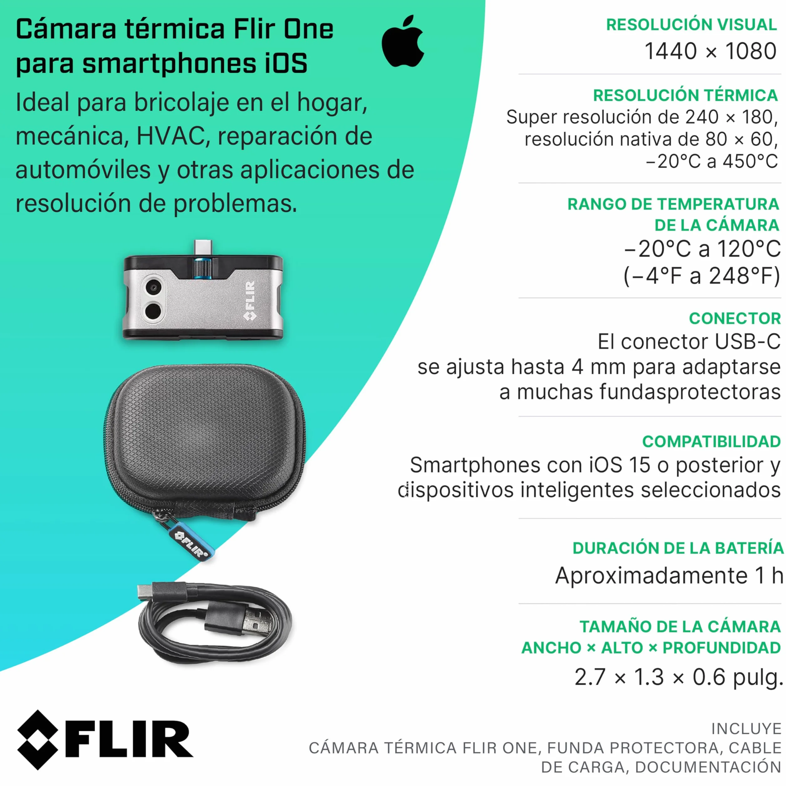 Flir One Cámara Termográfica para Smartphones iOS iPhone 15 Posteriores USB-C Súper Resolución 240x180 IR Nativo 80x60