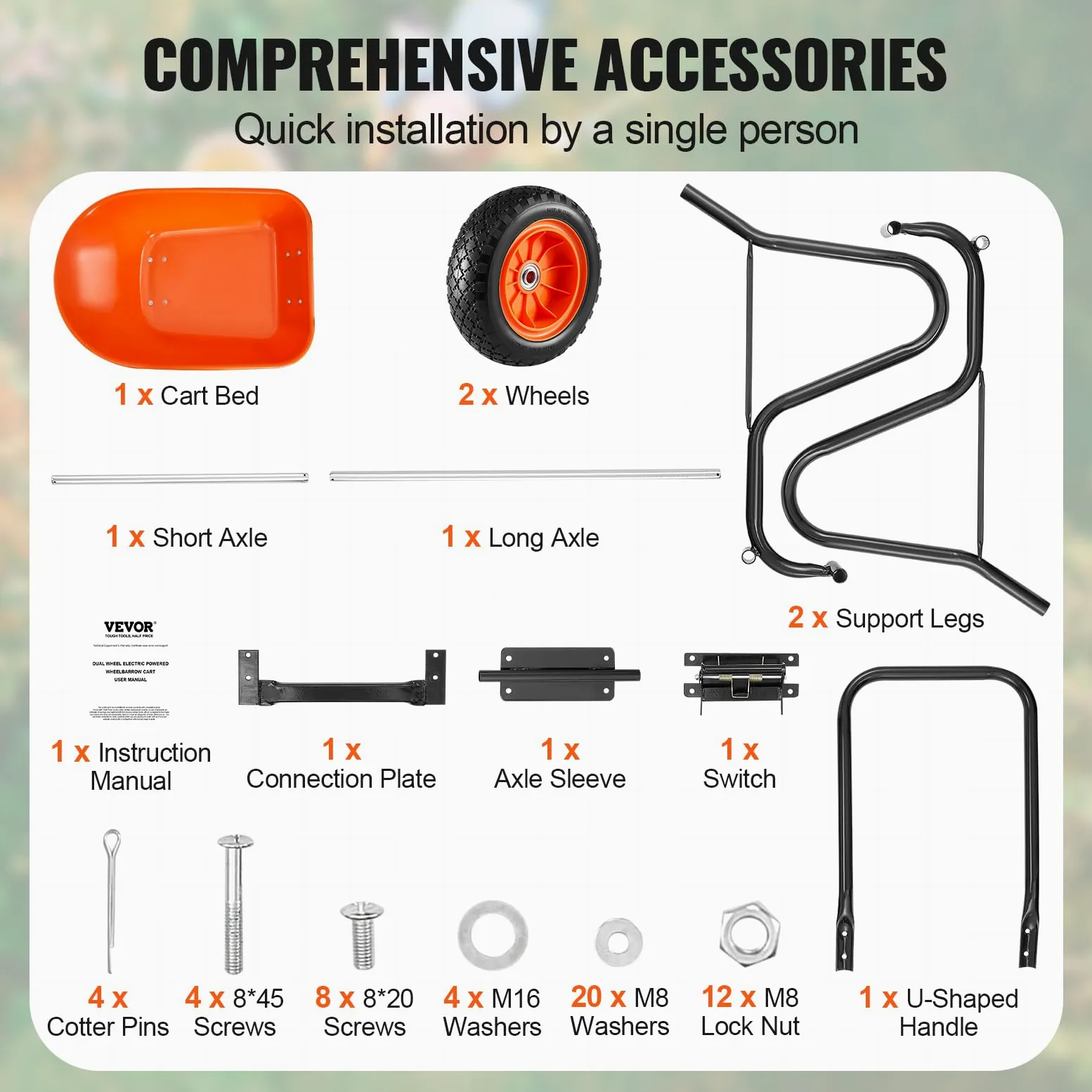 VEVOR Carretilla para Jardín Carga de 180 kg Carro de Descarga con 2 Ruedas de 25,4 cm y Asa Carro Utilitario de Fácil Carga Carrito para Césped al Aire Libre, Patio, Granja, Naranja y Negro