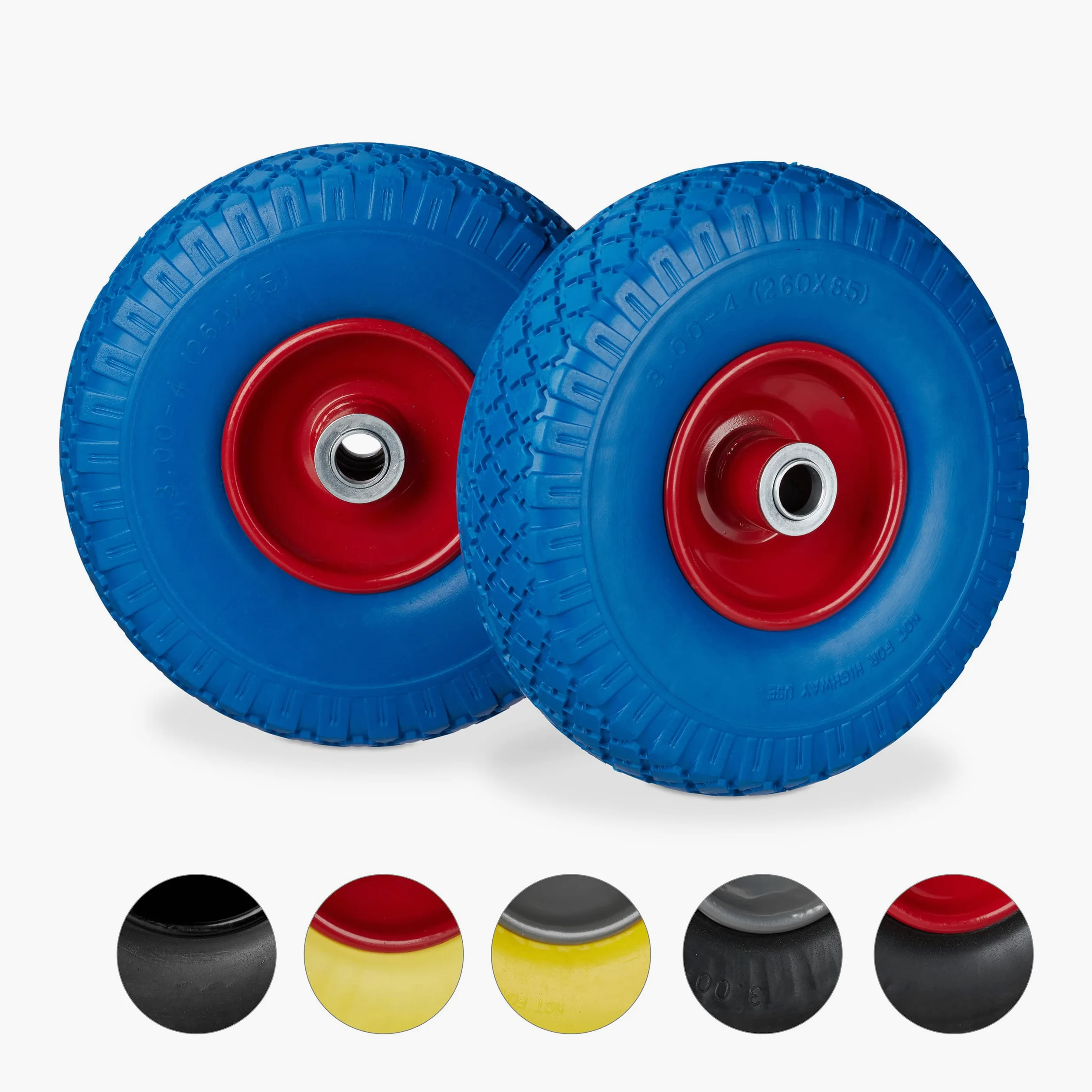Relaxdays 2X Ruedas de Carretilla, Neumáticos de Goma, 3.00-4, Eje de 20mm, hasta 100 kg, 260x85 mm, Azul y Rojo