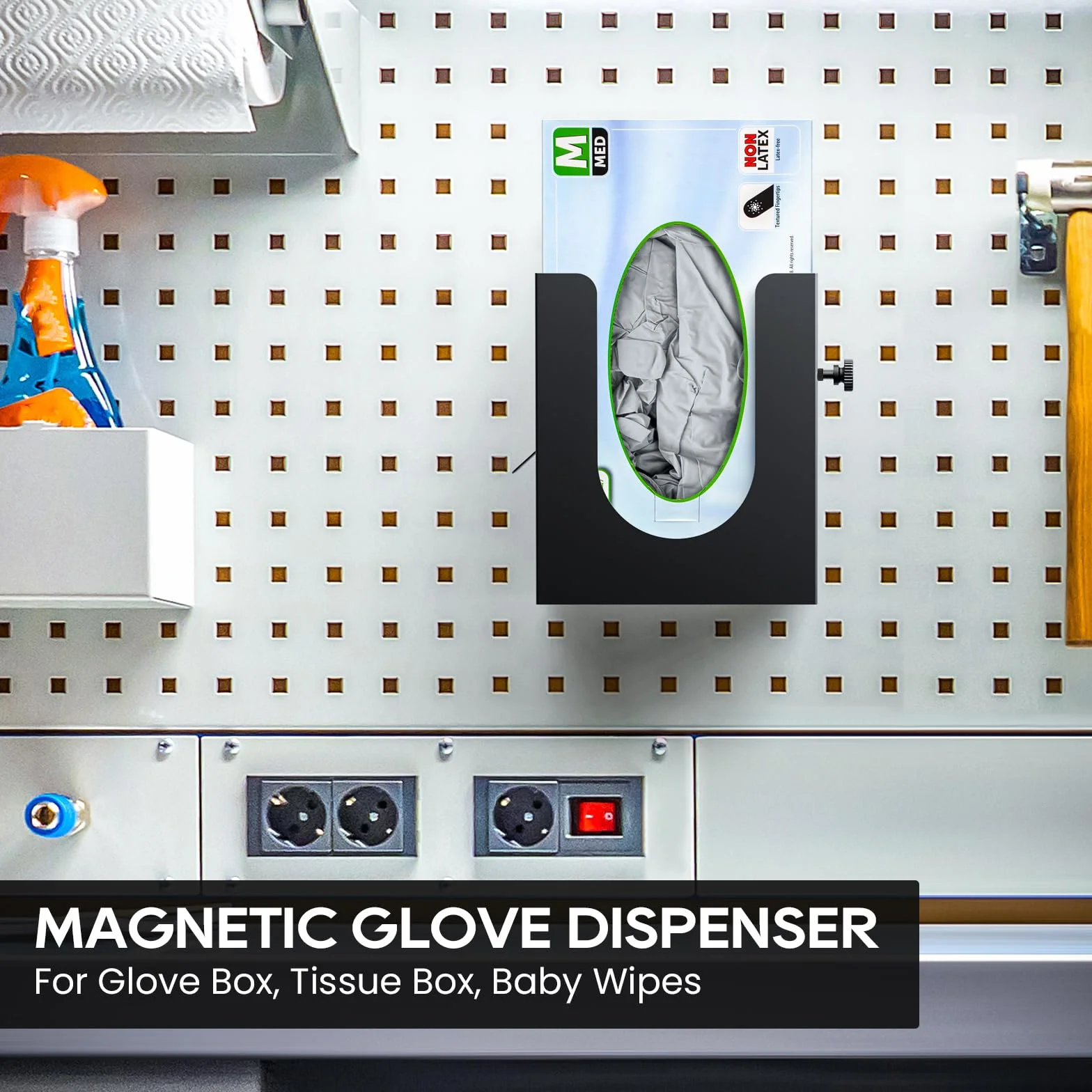 Soporte magnético para guantes, dispensador de guantes desechable de metal, montaje en pared, para garaje y caja de herramientas