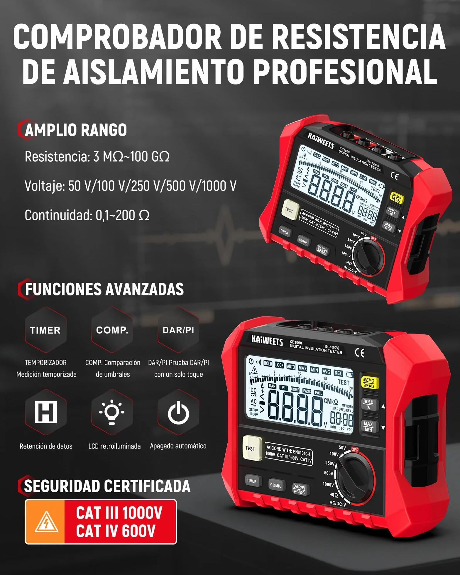 KAIWEETS Medidor de aislamiento de resistencia de aislamiento de hasta 100 GΩ, 50 V/100 V/250 V/500 V/1000 V, DAR/PI, con prueba de voltaje CA/CC para motores, solar, HVAC