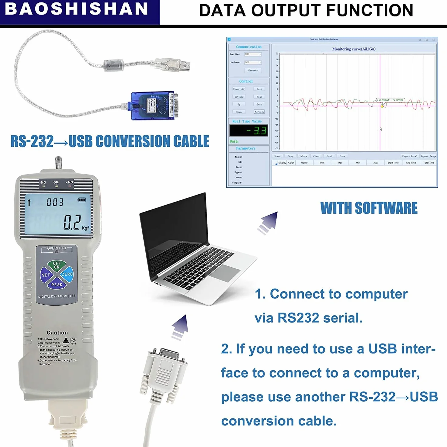 BAOSHISHAN Medidor de fuerza digital Probador de dispositivo de medición push-pull con interfaz USB-RS232 Instrumentos de medición de fuerza LCD (1000N)