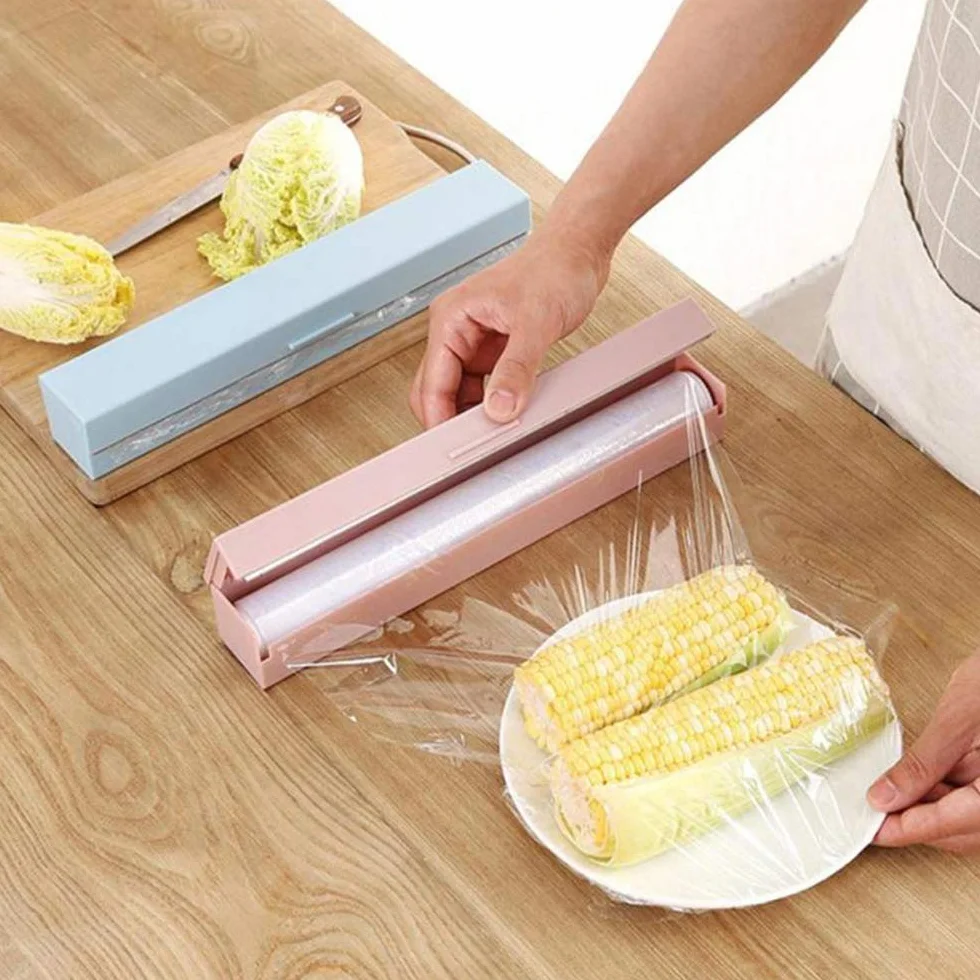 Dispensador Envoltura de Plástico PP 5x5x32 cm para Film Transparente, Papel Aluminio, Cocina, Restaurante (Rosa)