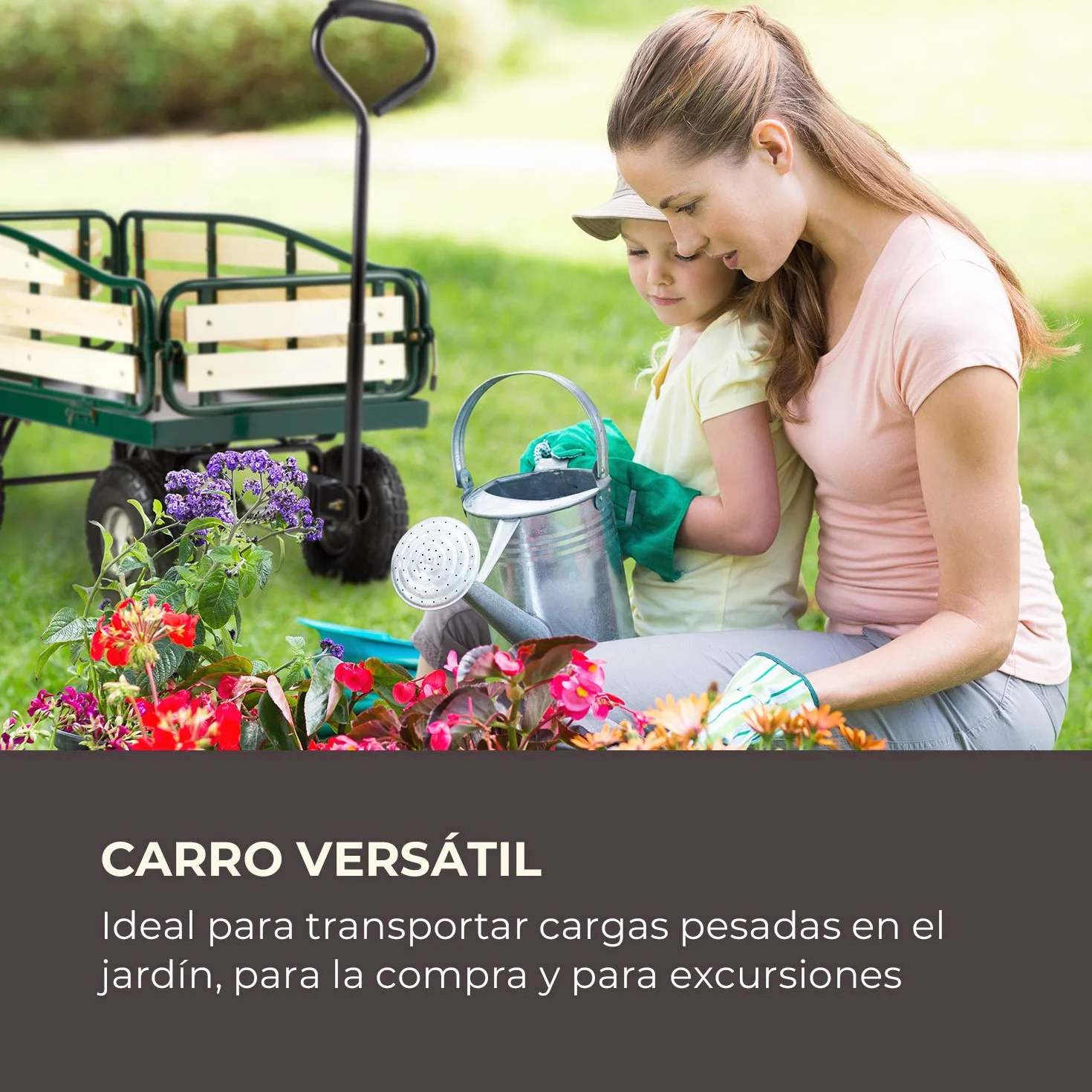 Waldbeck Ventura - Carretilla de Mano, Carro de Transporte de Acero, Gran Superficie de Carga Pesada, Soporta hasta 300kg, Paredes Laterales Plegables, Ruedas Goma, Verde Oscuro