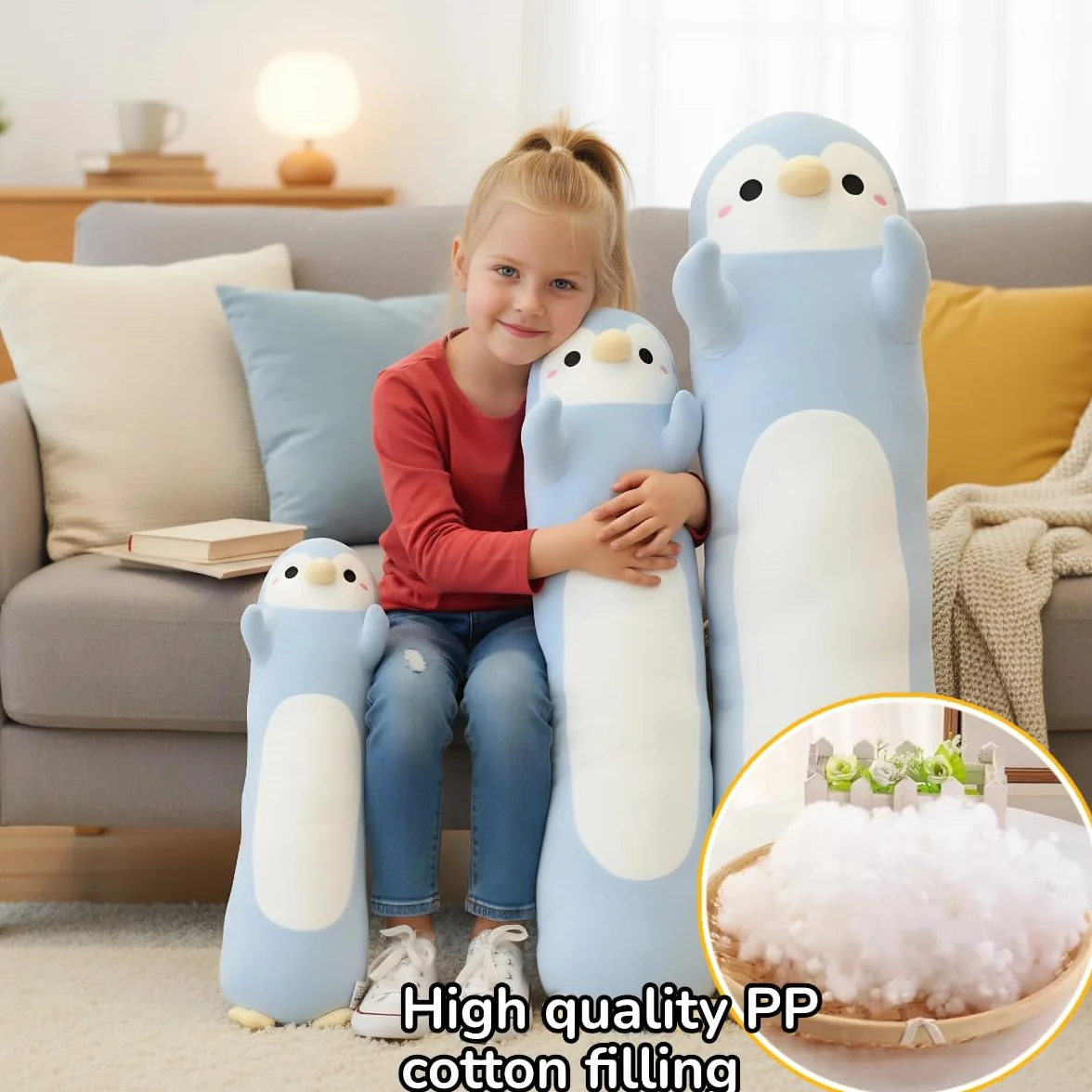 Peluche Largo de Pingüino Almohada Abrazable Suave Cojín Corporal 60cm Regalo Niños Niñas Azul Claro