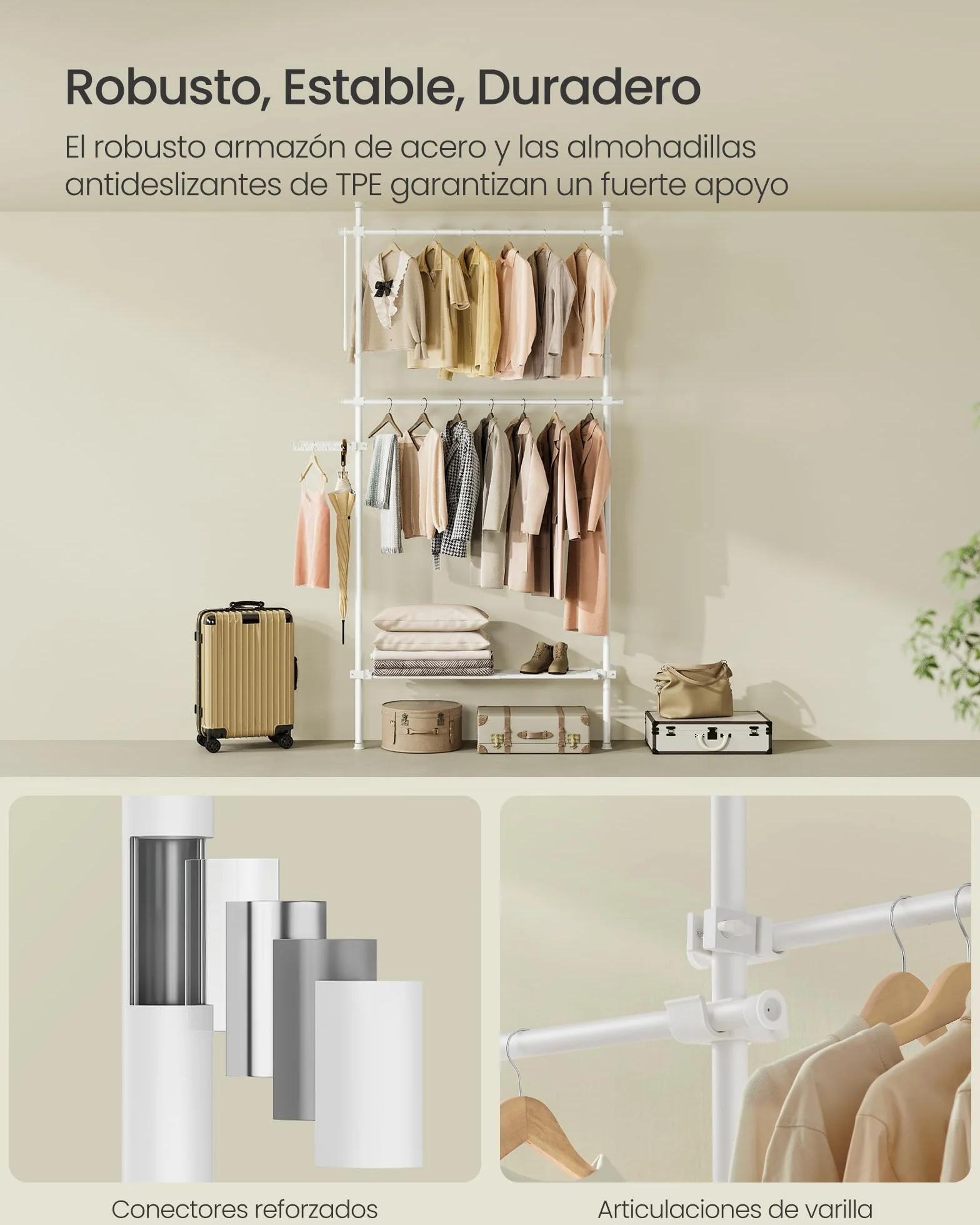 SONGMICS Perchero de piso a techo ajustable, 3 niveles, barra de ropa, organizador de armario, blanco mate
