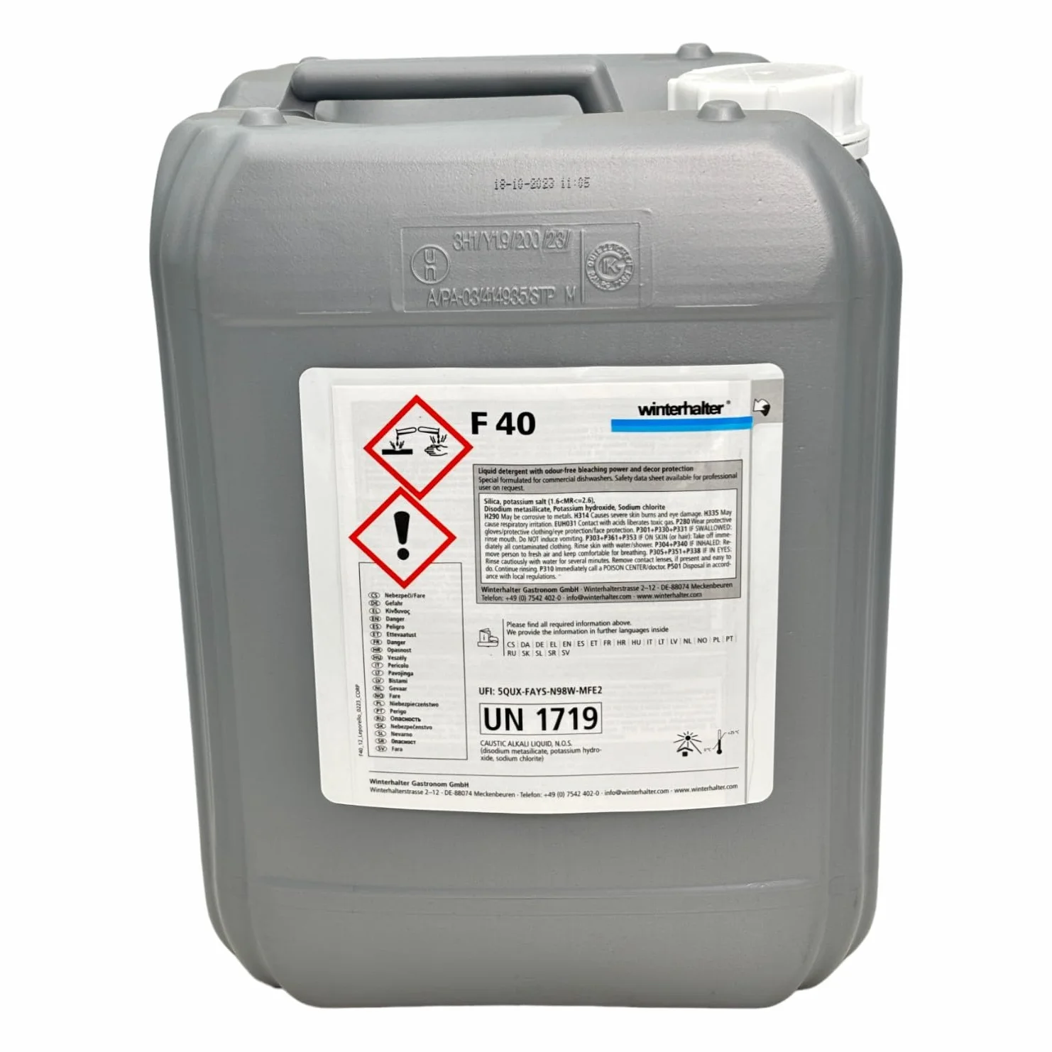 Winterhalter - Detergente líquido F40 para lavar cristal de 12Kg. Lavavajillas industriales. Lavado higiénico y brillante. 100% Biodegradables.
