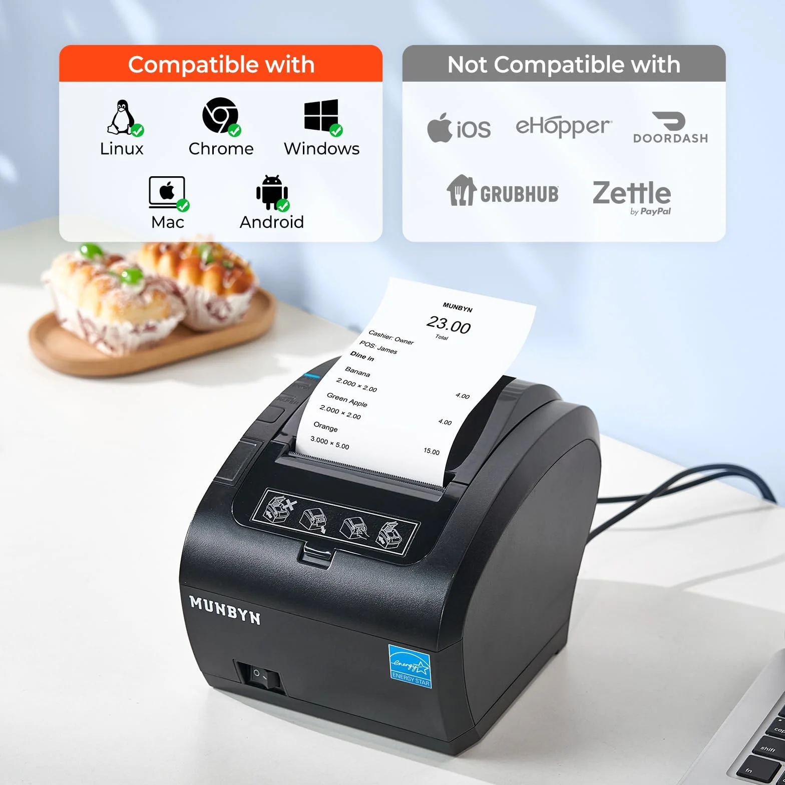 MUNBYN Impresora de Tickets Bluetooth, Impresora Termica Mfi, Puertos USB/LAN/Serial, Compatible con iOS, Android, MacOS, Windows, Linux, Chrome, con Tapa oleófuga y antisalpicaduras