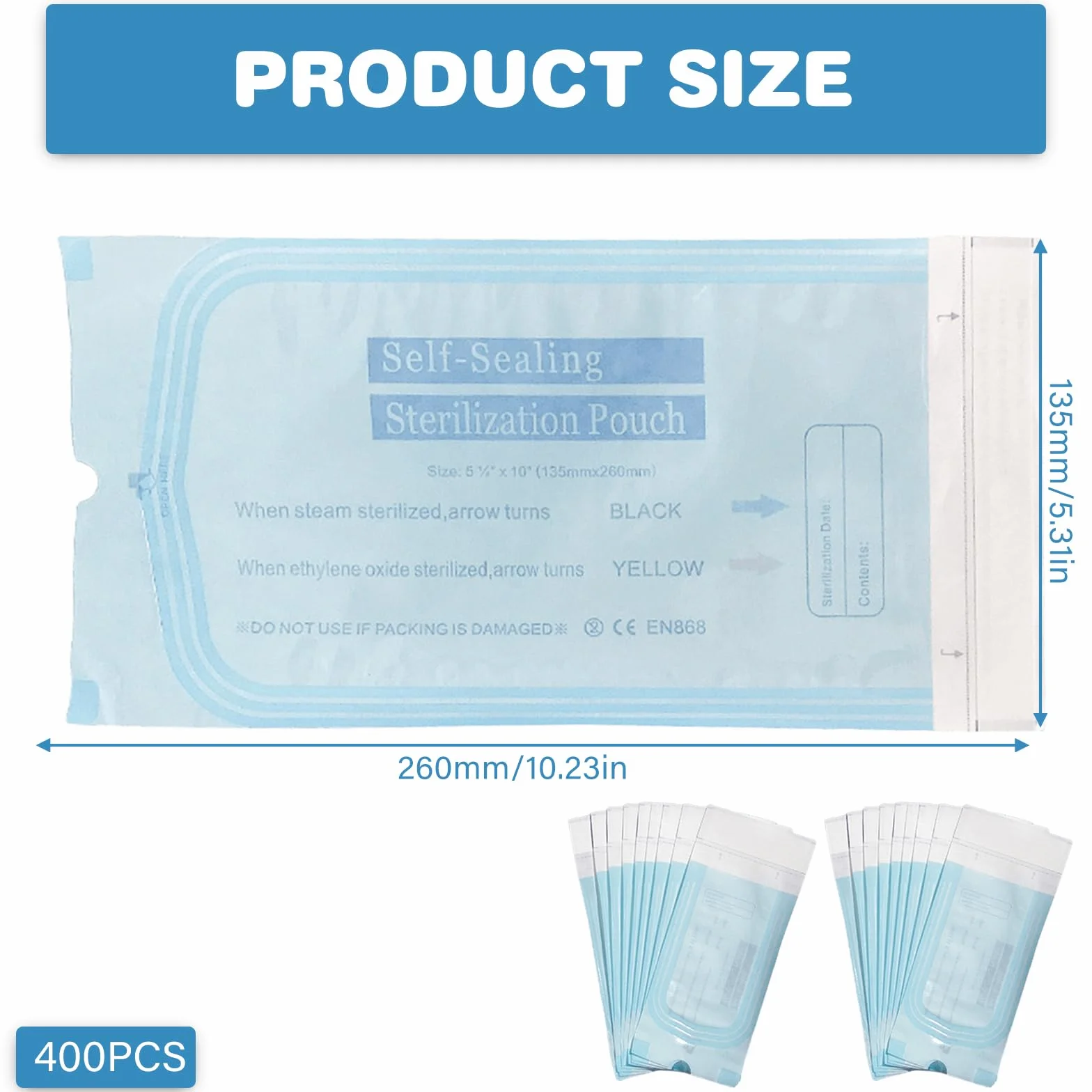 Bolsas de Esterilización Autoadhesivas 135 mm x 260 mm, 400 Unidades para Limpieza, Tatuajes y Manicura