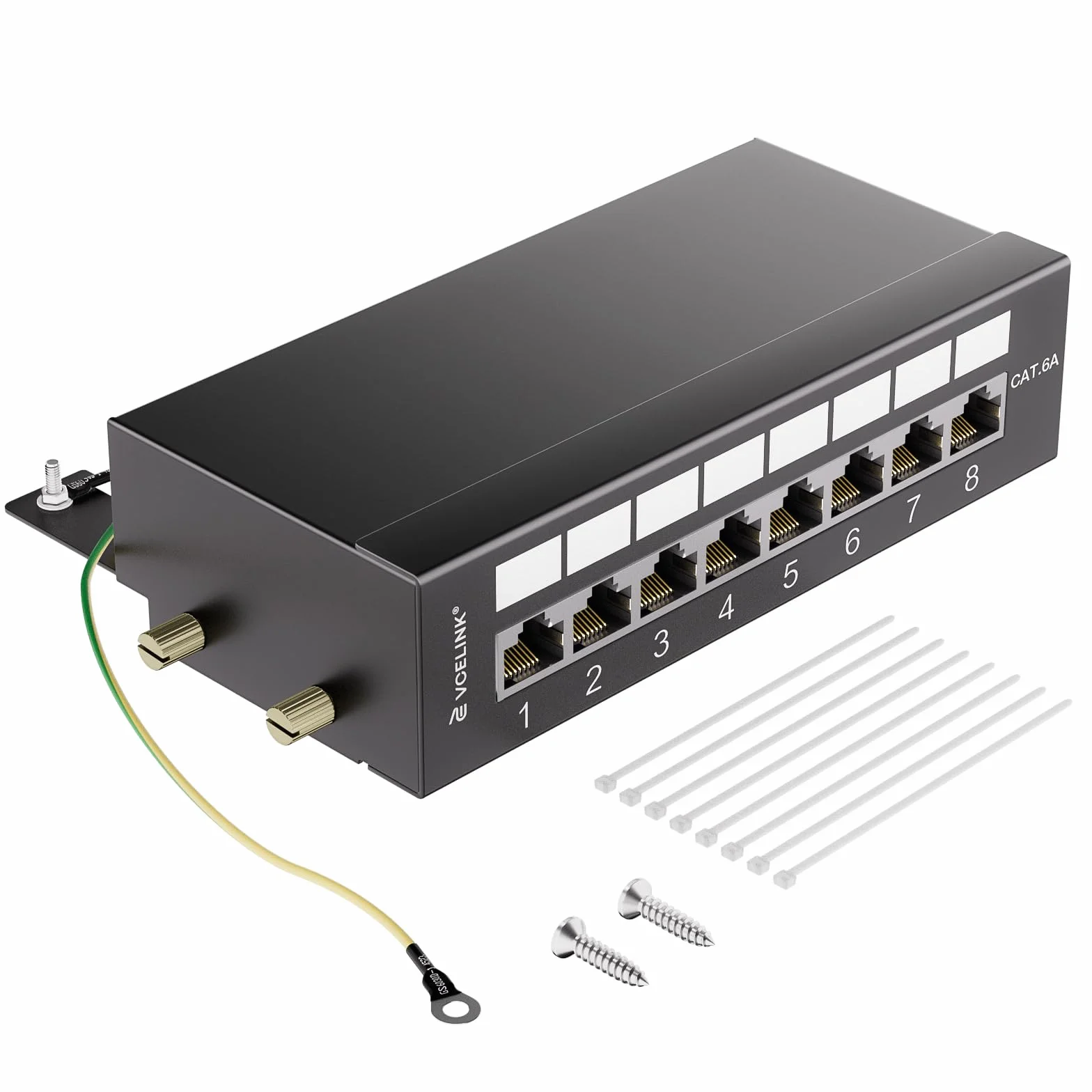 VCELINK Panel de conexiones CAT6A de 8 puertos blindado 10 Gbit/s RJ45 para montaje en rack