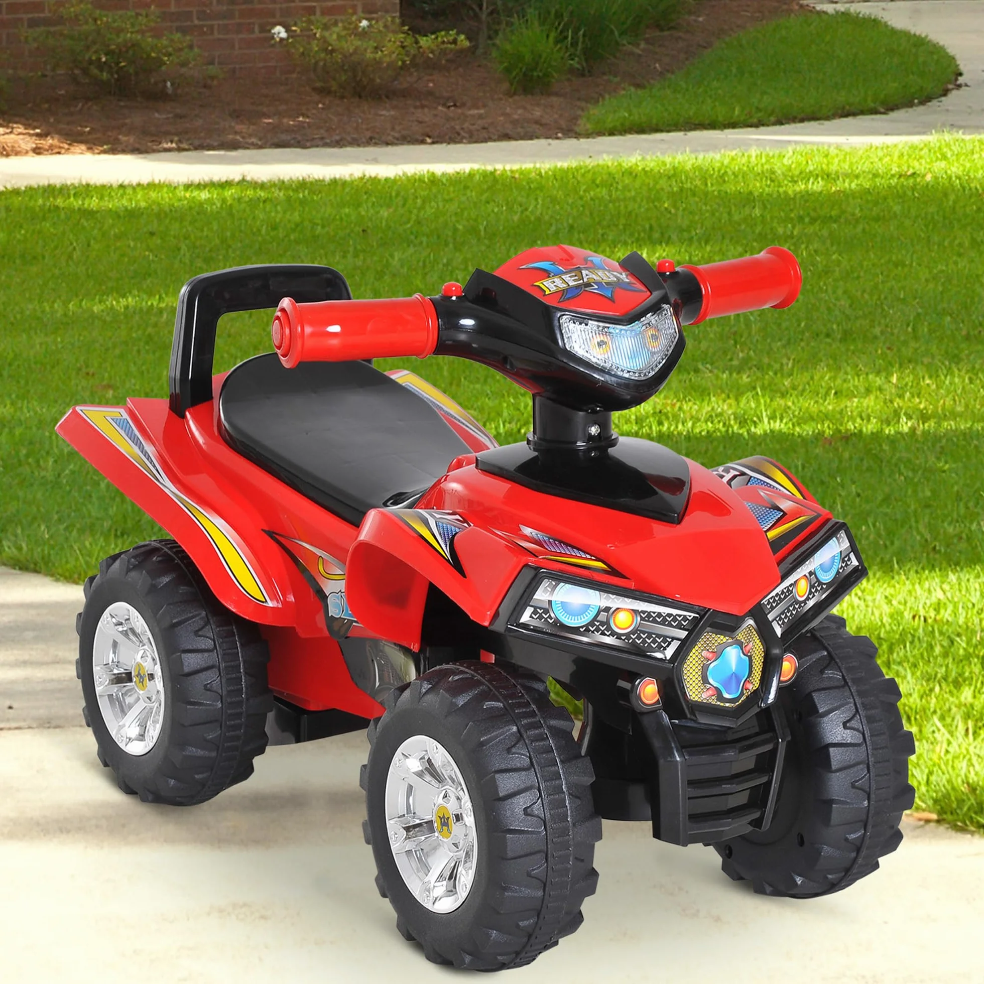 HOMCOM Quad Correpasillos Infantil Coche sin Pedales para Bebé Juguete Andador Estilo Carrera con Bocina Música Luces 60x38x42cm