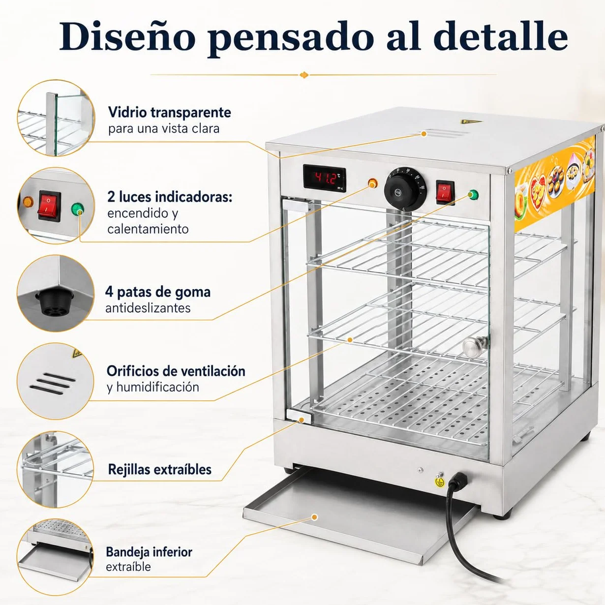 800 W - Vitrina para mantener el calor (3 niveles, 30-85 ℃, con función termostática, 220 V, 37,5 x 35,7 x 47,5 cm)