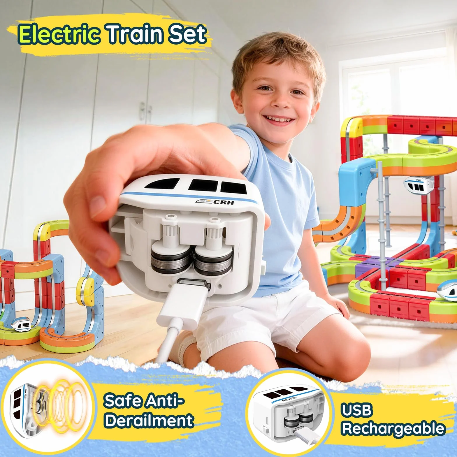 Tren Eléctrico Juguete 141 Piezas, Kit de Vías de Cubos 3D DIY, Juego de Construcción Regalo para Niños 3-12 Años